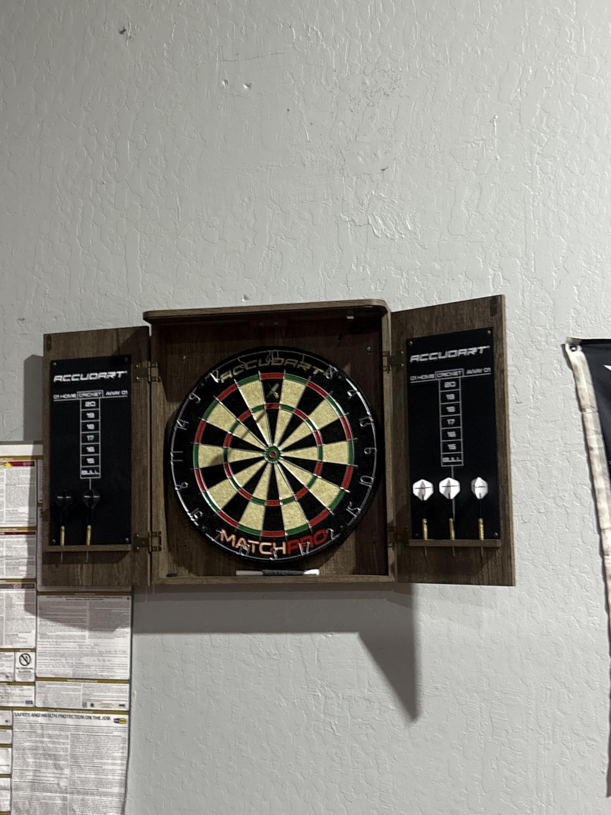 Accudart Match Pro Dartboard Cabinet Set with Auto LED | 18-inch sisal board. Auto LED lights on door open. Woodgrain cabinet with dart holders. Chalkboards. 6 darts included. customer photo 1