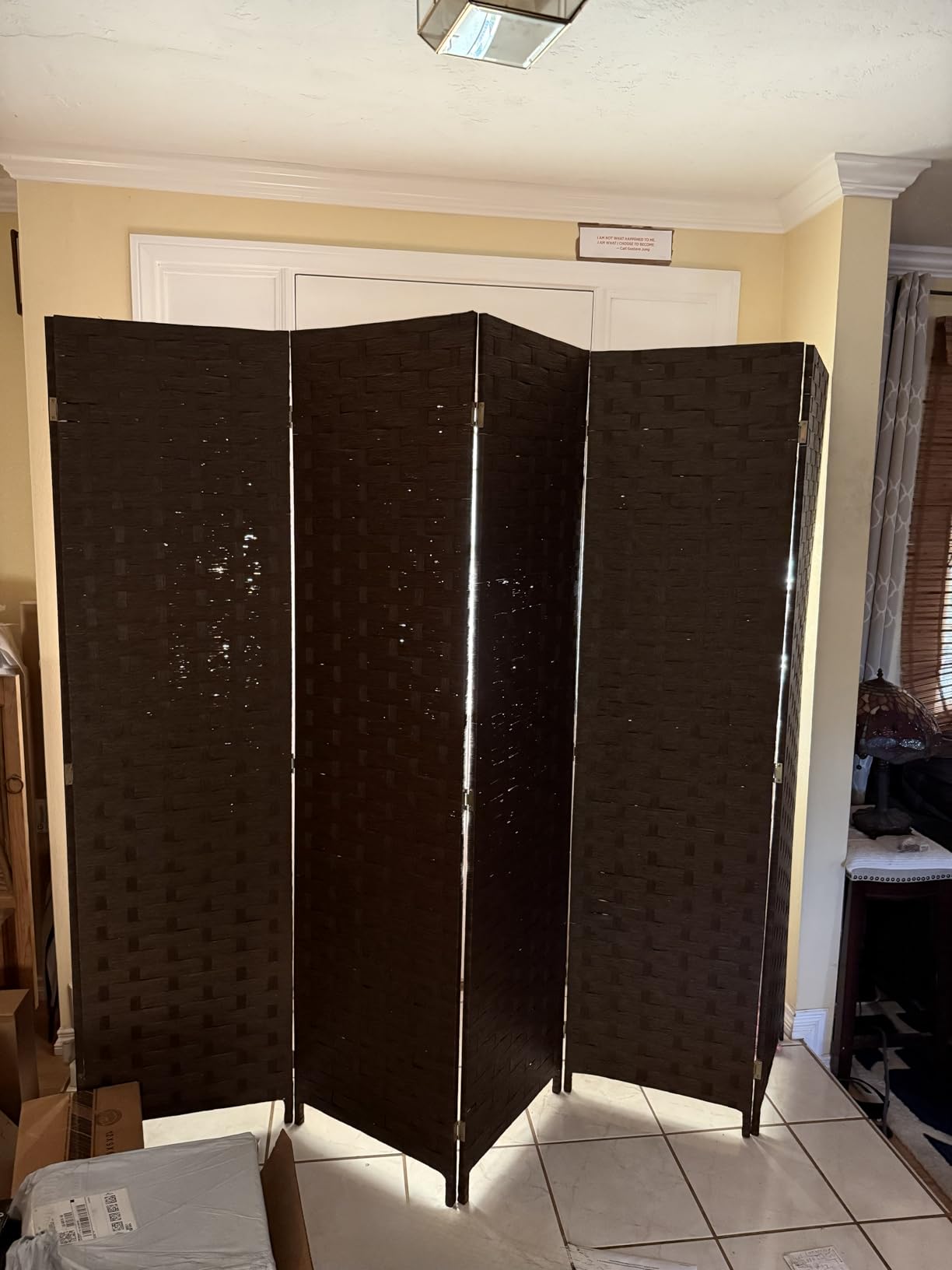 FDW Room Divider Wood Screen 4 Panel Folding Portable Partition Screens Wooden Mesh Woven Design Room Screen Divider for Home Office (Coal Black) customer photo 1