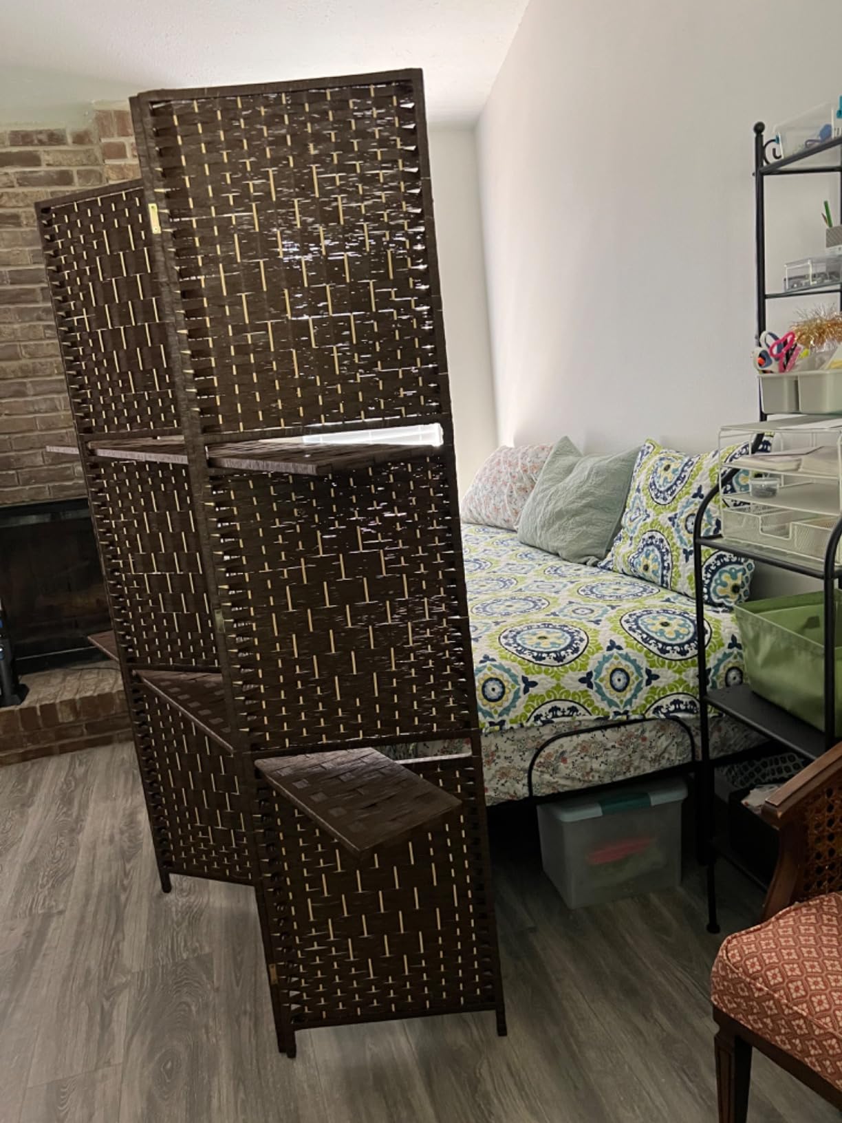 FDW | 4 Panel Folding Room Divider with Shelves | 5.9ft, Brown | Wooden Wall Divider | Hand Woven Mesh, Portable & Foldable customer photo 1