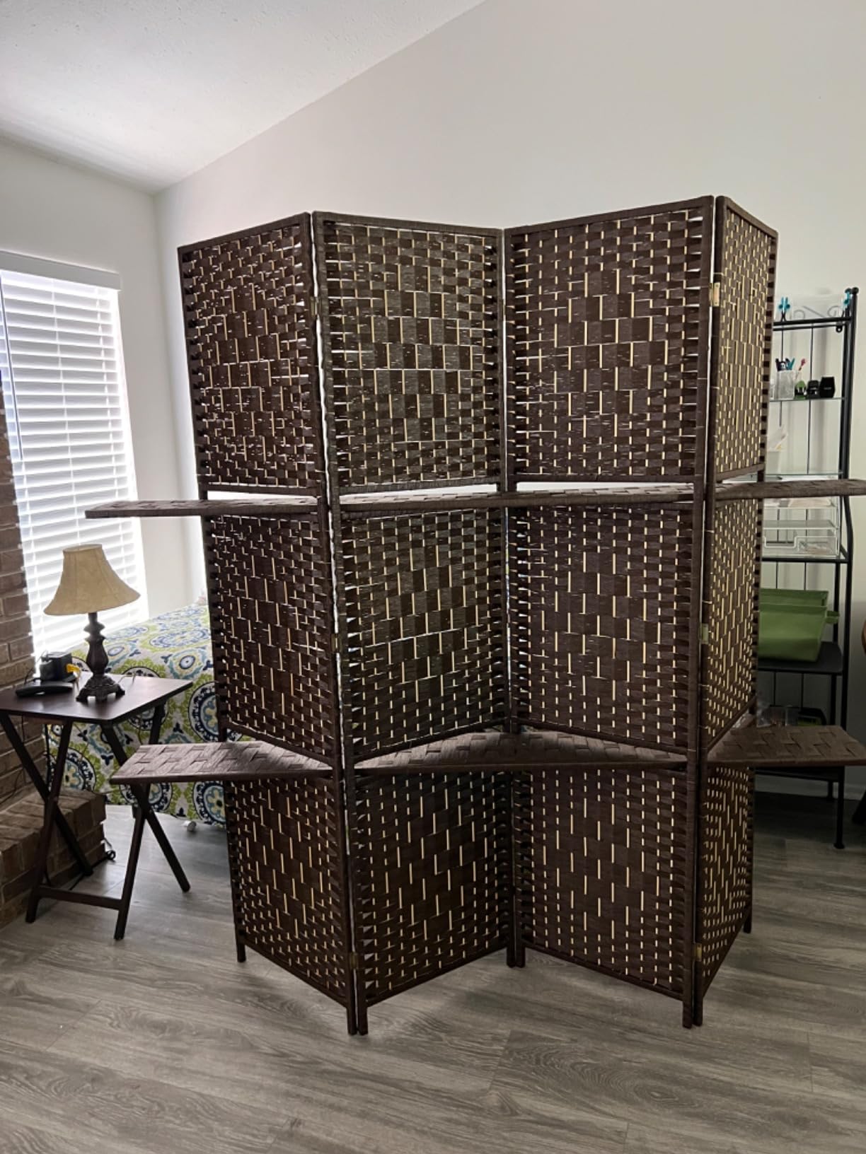 FDW | 4 Panel Folding Room Divider with Shelves | 5.9ft, Brown | Wooden Wall Divider | Hand Woven Mesh, Portable & Foldable customer photo 2