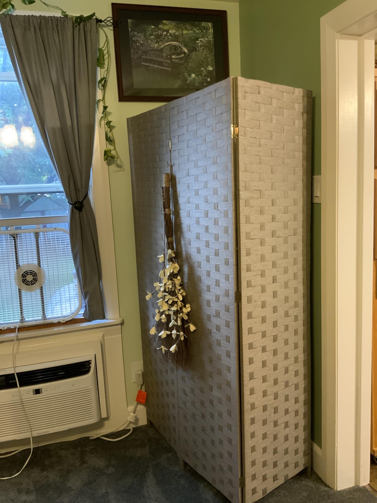 6 Panel Folding Room Divider, Woven Privacy Screen, Light Beige | Solid wood frame, handcrafted diamond pattern, 6FT tall, extends to 94.5 inches wide, no assembly required customer photo 2