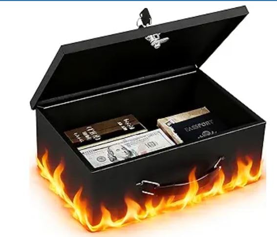 KYODOLED Fireproof Document Box with Key Lock, Small Lock Boxes for Personal Items, Fire and Water Resistance, Fireproof Safe Box for Documents, Jewelry, Passport, Cash, 12.6'' x 8.3'' x 3.58'' Black customer photo 1