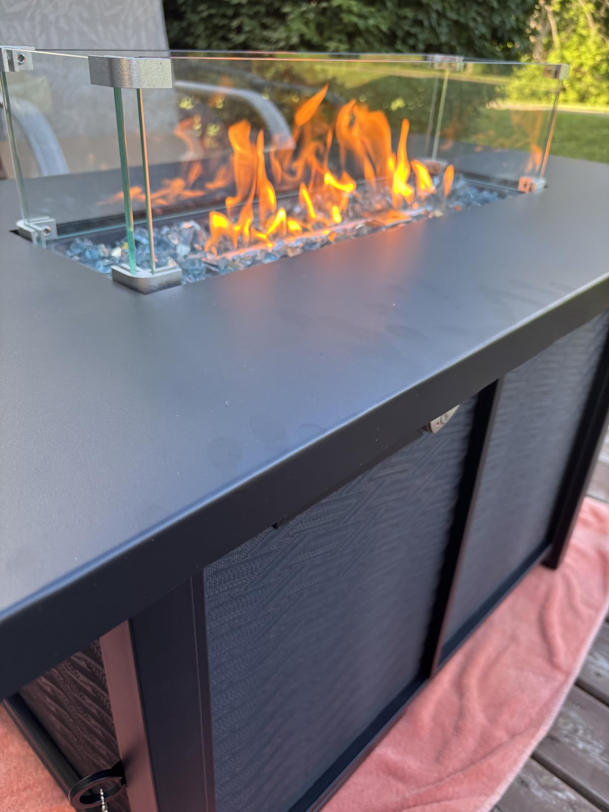 45 Inch Propane Fire Pit Table, 50,000 BTU Outdoor Gas Fire Pit for Patio & Backyard, 2-in-1 Firepit Dining Table with Glass Wind Guard, Blue Glass Rocks & Waterproof Cover customer photo 2