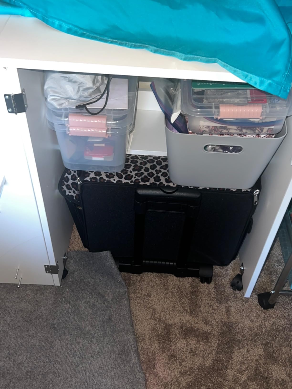 Folding Sewing Table, Multipurpose Sewing Machine Table with Compact Design, Wheels, Shelves, Bins, Pegs, Magnetic Locks (White) customer photo 1
