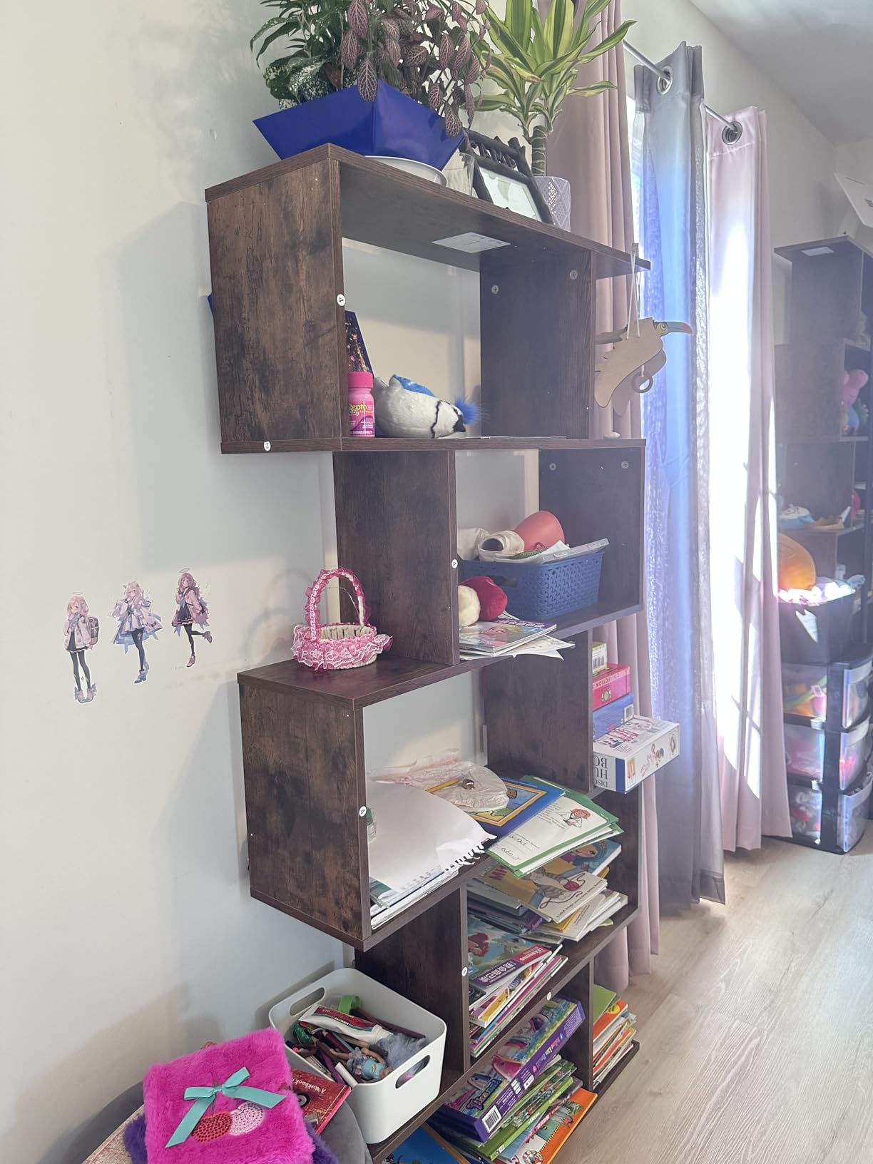 6 Tier Geometric Bookcase, Room Divider Book Shelf | S-shaped Bookshelf, Wood Freestanding Display Shelves, 75'' Staggered Bookshelf for Home Office customer photo 2
