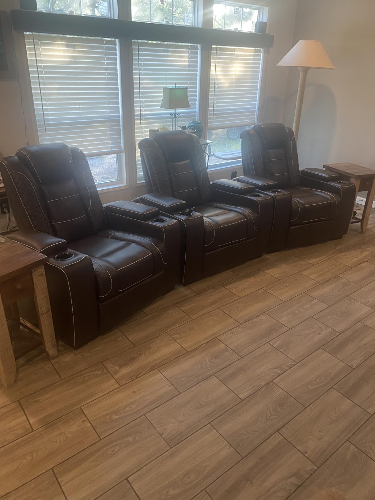 ANJ Power Home Theater Seating Recliner Chairs, PU Leather Recliner with Cup Holders, Electric Movie Theater Reclining Chairs with Adjustable Powered Headrest, LED Lights, Hidden Arm Storage (Black) customer photo 2