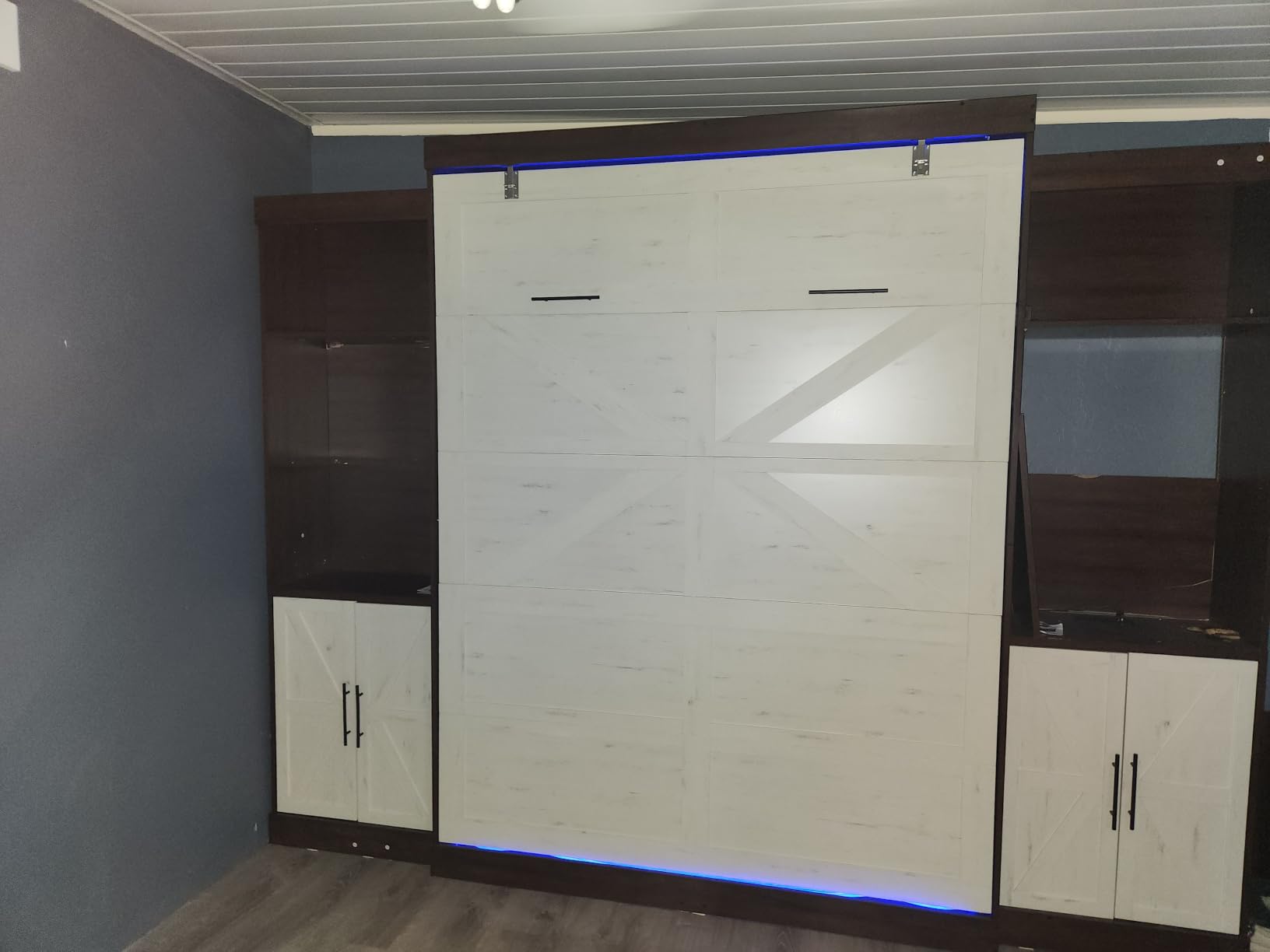 Hlivelood Queen Size Murphy Bed with 2 LED Lights, Farmhouse Wood Hidden Foldable Wall Bed Frame w/Gas Struts, Storage Bed Cabinet for Bedroom, Office, Space-Saving, No Box Spring Needed, Rustic White customer photo 1