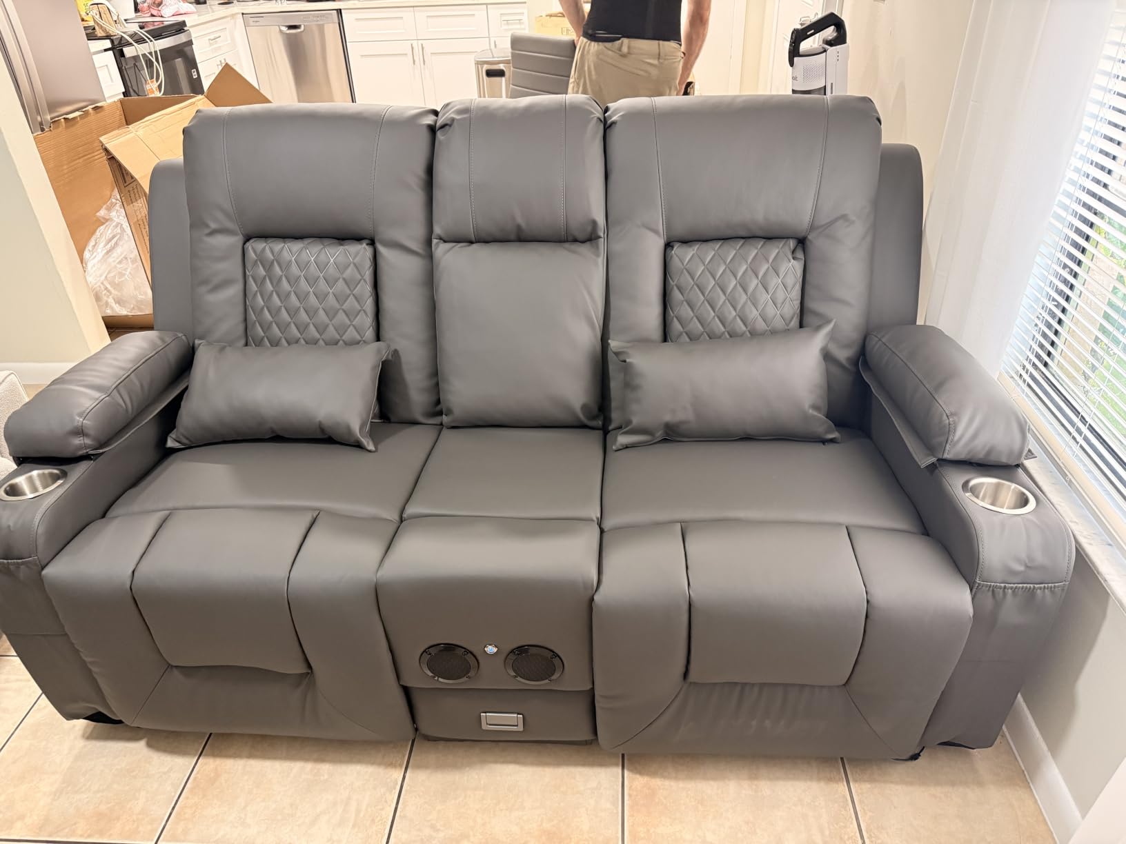 Recliner Sofa, Home Theater Seating with Center Console, 3 Seat Reclining Couch with USB Ports & Phone Holders, Wall Hugger customer photo 1