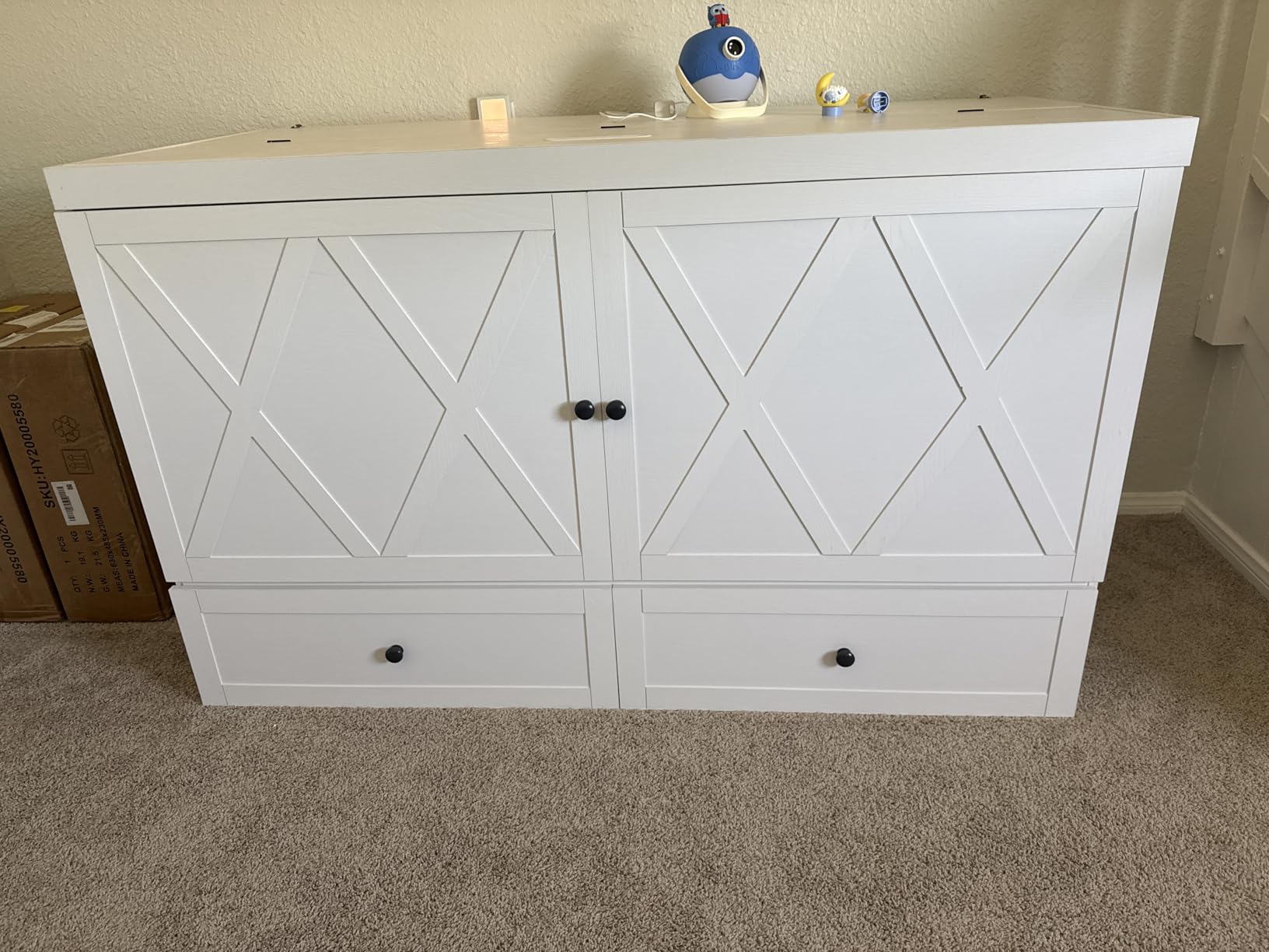 Mjkone Queen Murphy Bed, Cabinet Bed with Tri-Folding Mattress, Modern Space-Saving Murphy Cabinet Beds Queen Size with 2 Storage Drawers and USB Charging Station for Guest Room, Office, White customer photo 2