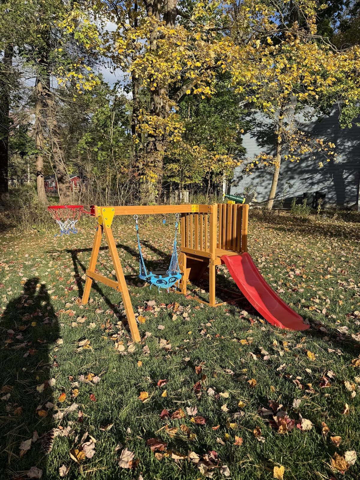 SUNIBOXI Wooden Swing Sets for Backyard, for Ages 3-6 - Kids Outdoor Playground Set with Monkey Bars, Wave Slide, 2 Belt Swings, Climbing Ladder, Rock Wall, Play Deck with Canopy customer photo 1