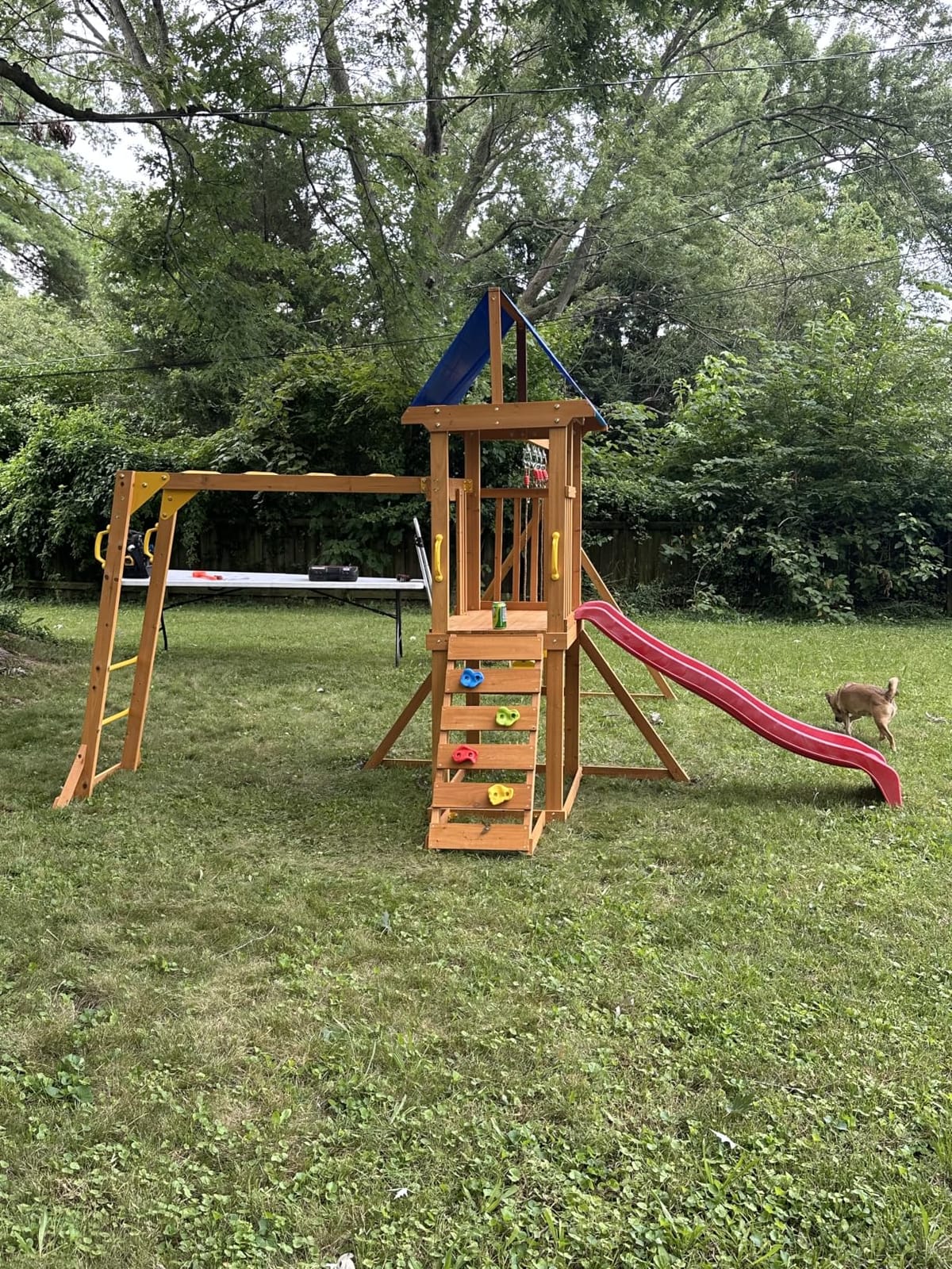 SUNIBOXI Wooden Swing Sets for Backyard, for Ages 3-6 - Kids Outdoor Playground Set with Monkey Bars, Wave Slide, 2 Belt Swings, Climbing Ladder, Rock Wall, Play Deck with Canopy customer photo 2