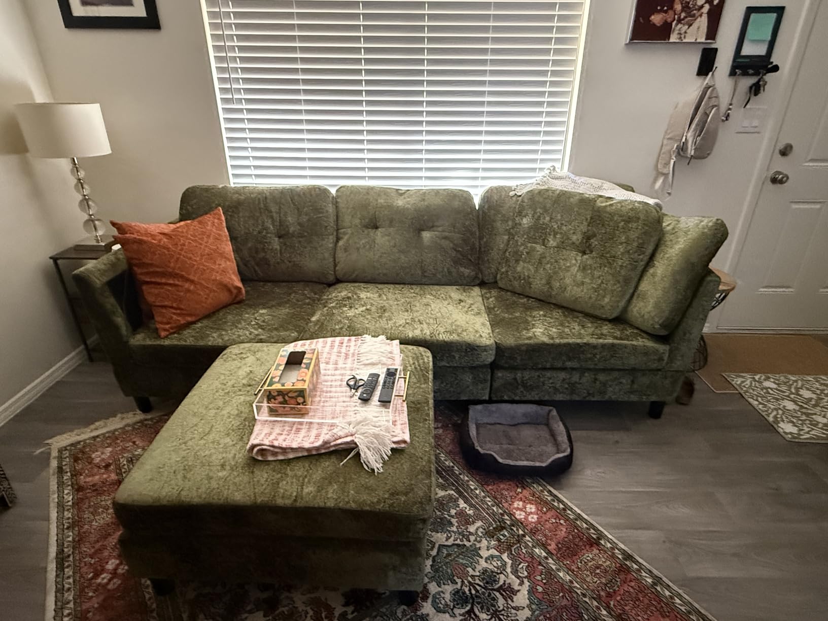 Modern Sectional Sofa with Storage Ottoman, L-Shaped 3-Seat Couch with 2 Pillows and Side Storage Pockage, Reversible Small Sectional for Small Space, Apartment, Living Room, Corduroy Fabric-Beige customer photo 2