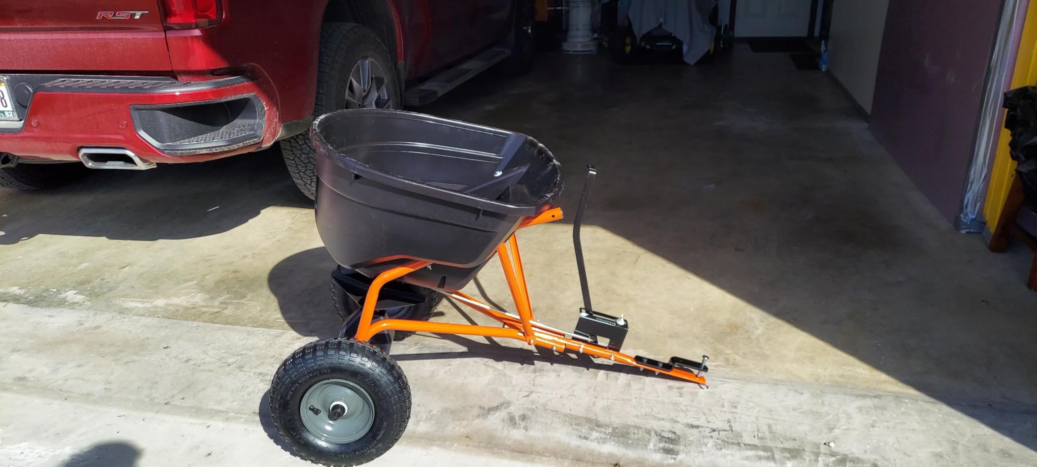 Agri-Fab Pull Behind Broadcast Spreader for Seed, Fertilizer, Salt and Ice Melt, 130 lb Hopper Capacity with Universal Hitch and 12 Ft Spread Width customer photo 1