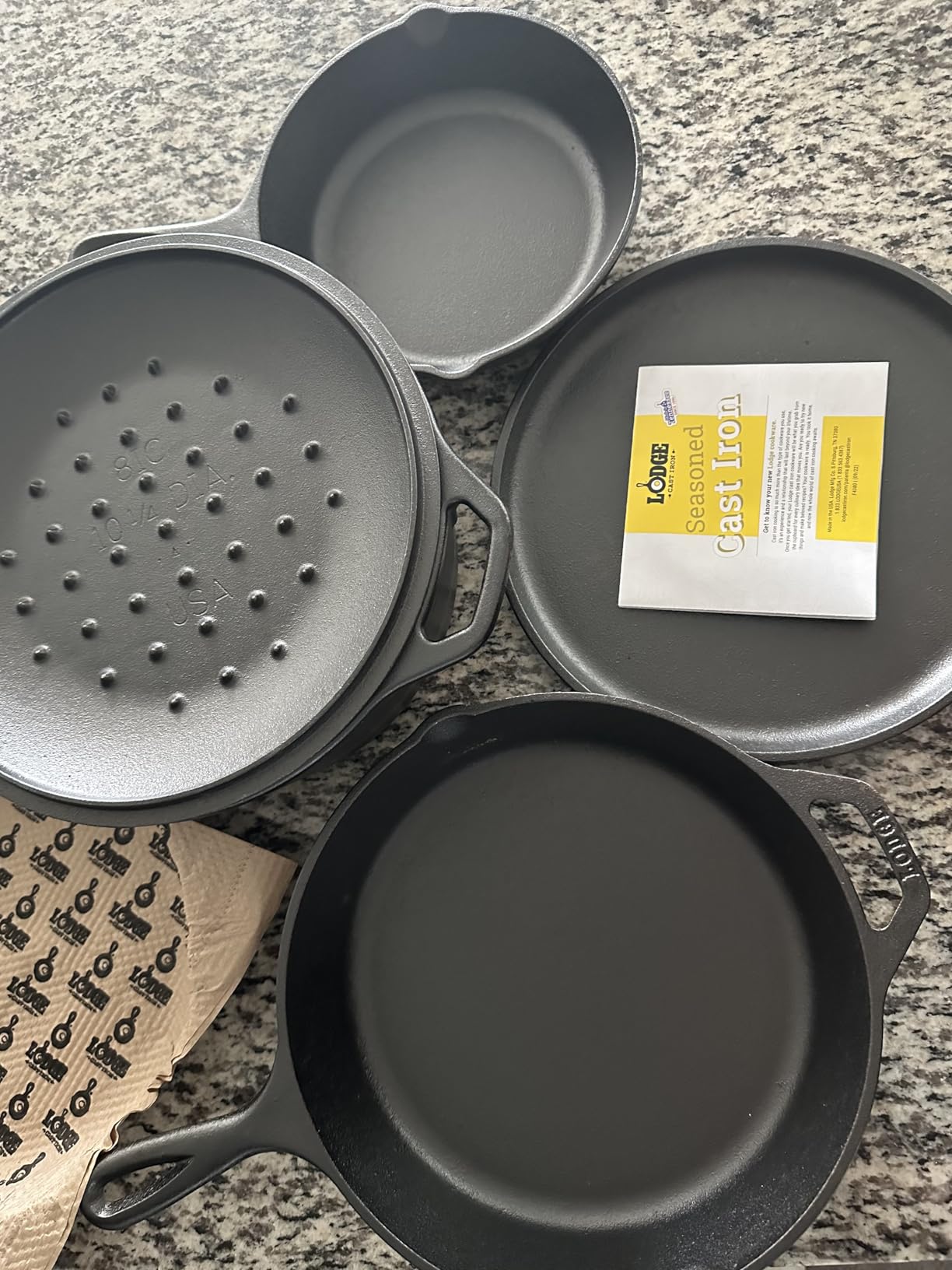 Lodge Cast Iron 5-Piece Set, PFAS-Free Pre-Seasoned Kitchen Set | PFAS-Free Cast Iron Set Includes Skillets, Griddle & Dutch Oven for Non-Toxic Everyday Cooking, Made in USA customer photo 1