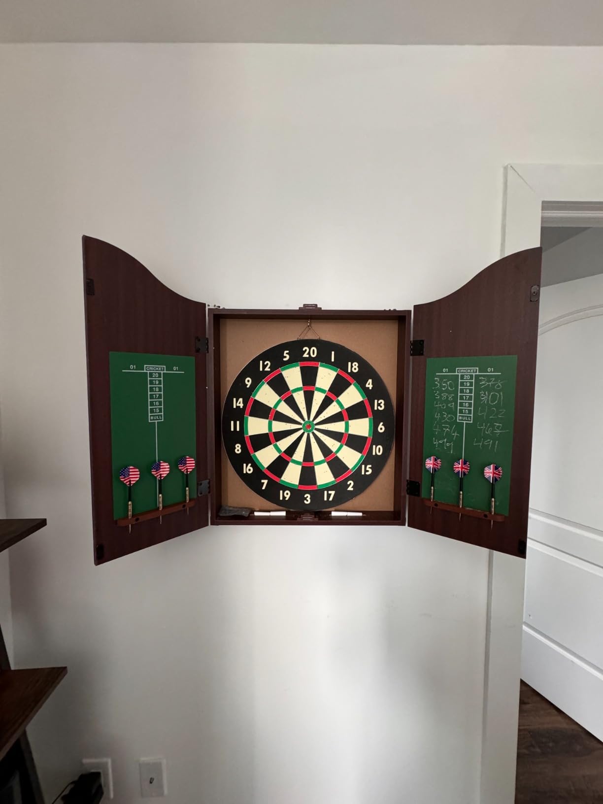 Trademark Poker Dart Board Cabinet Set with 18-inch Dartboard, 6 Steel-Tip Darts, and Chalkboard Scoring for Game Rooms, Man Caves, and Home Bars customer photo 2