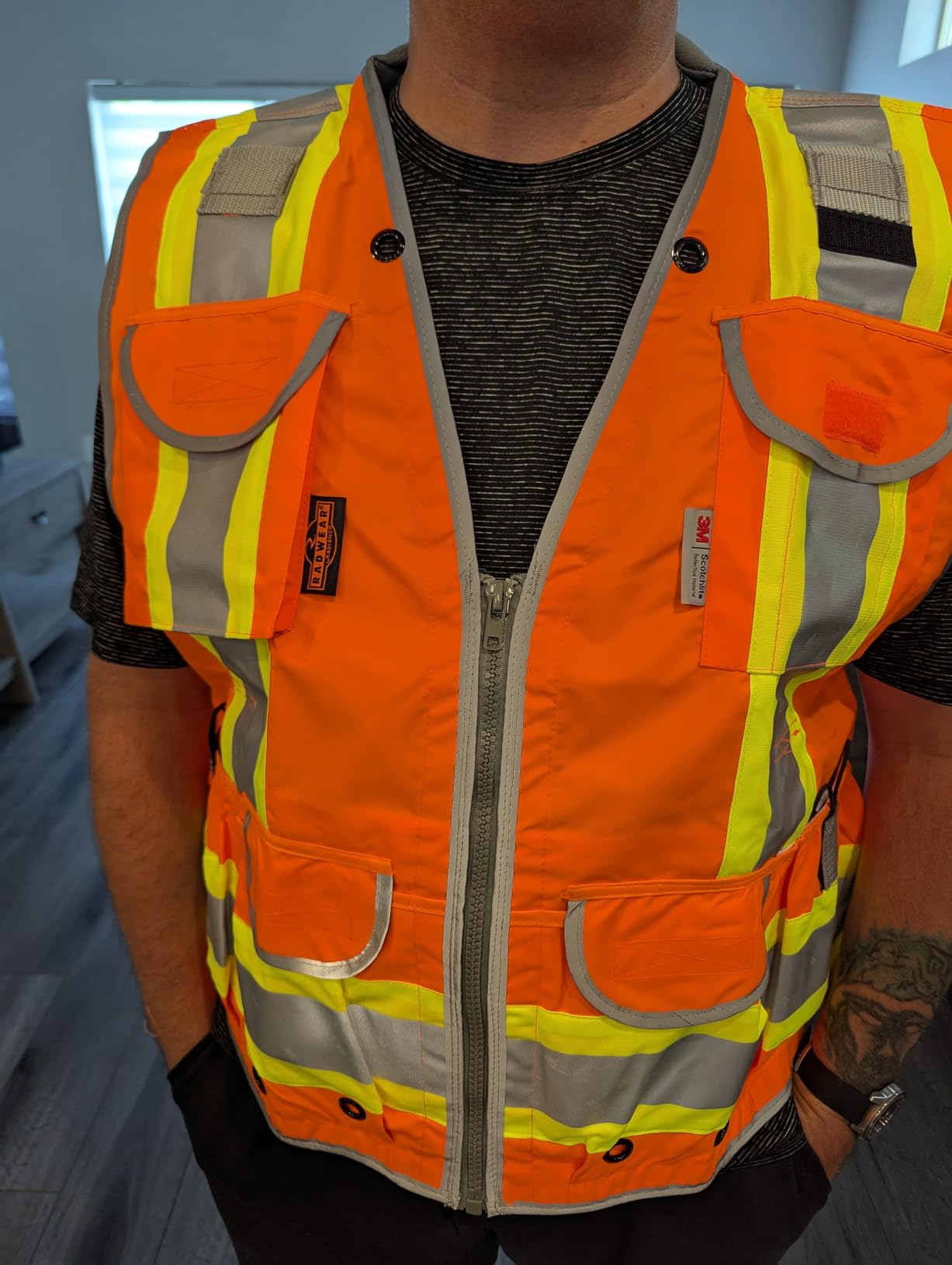 Radians SV55 Class 2 Heavy Woven Two Tone Engineer Vest with Padded Neck to Support Extra Weight in Cargo Pockets, Orange, Large customer photo 1