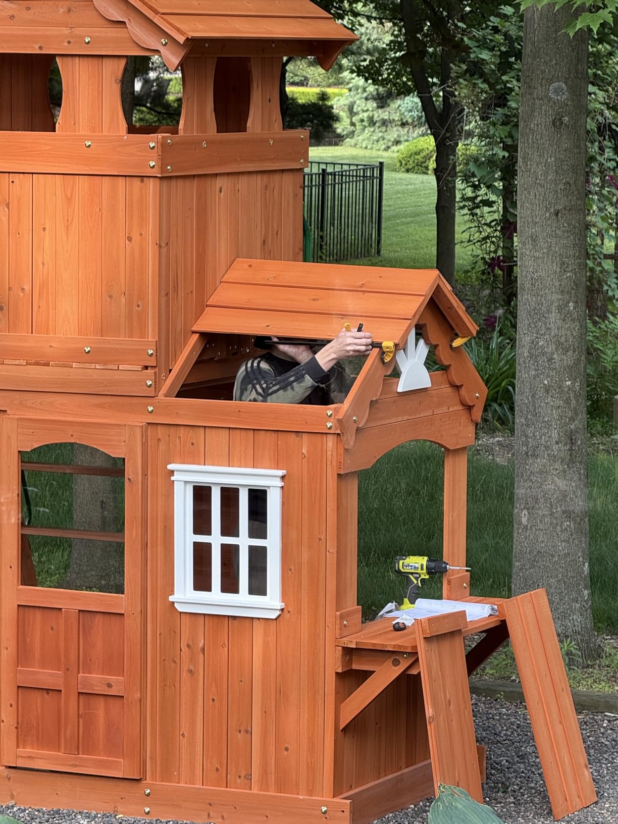 Backyard Discovery Shenandoah Cedar Wood Swing Set with Wave Slide, Raised Clubhouse, Playhouse, Play Kitchen, Belt Swings, Trapeze, Rock Wall, Ladder, Picnic Table, Full Door, Outdoor Playset customer photo 2