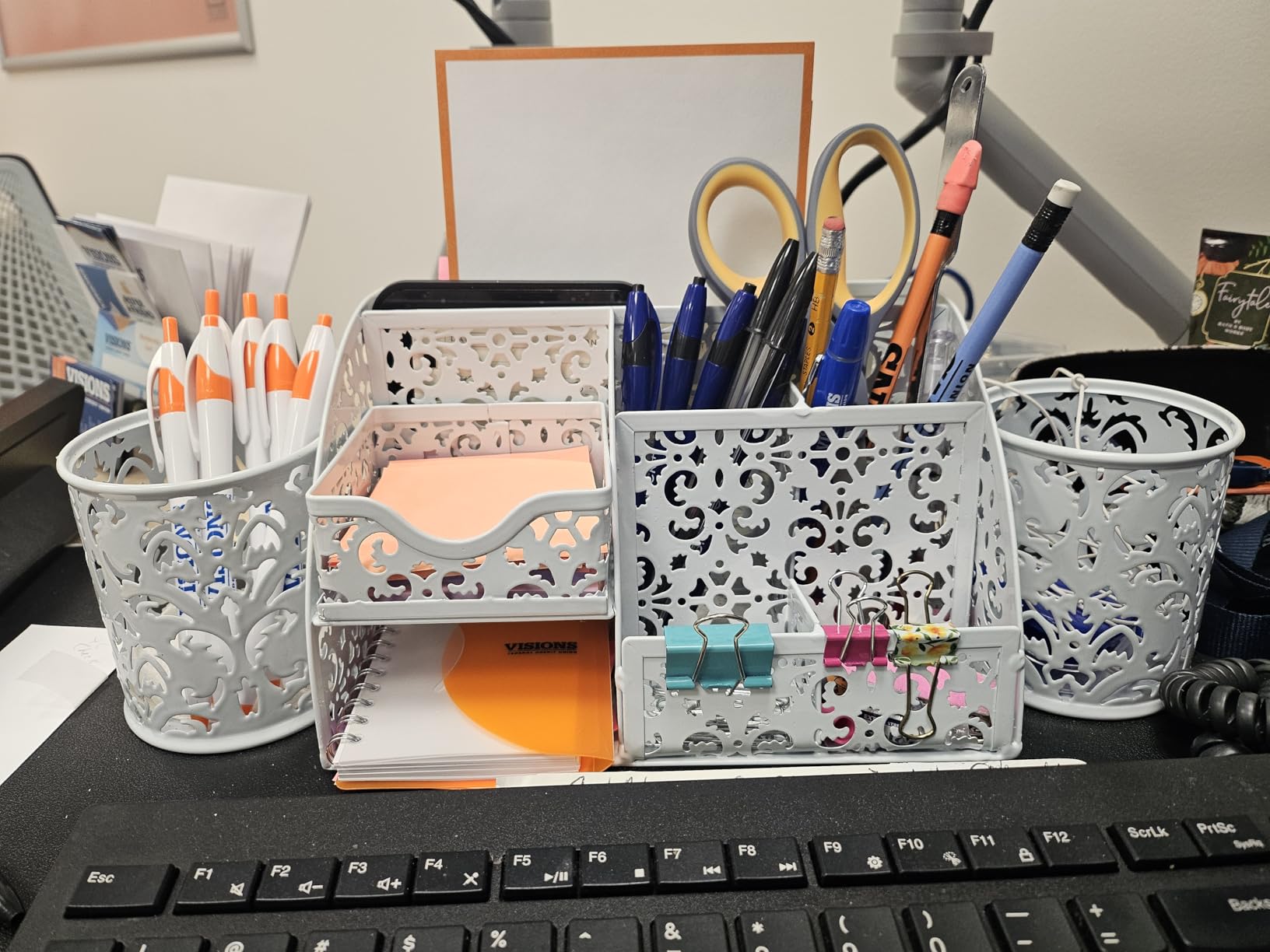 EasyPAG Desk Organizer and Pen Holder for Desk, Mesh Office Supplies Storage Caddy with Drawer for Small Space, Desktop Organizer for Home Office, White customer photo 1