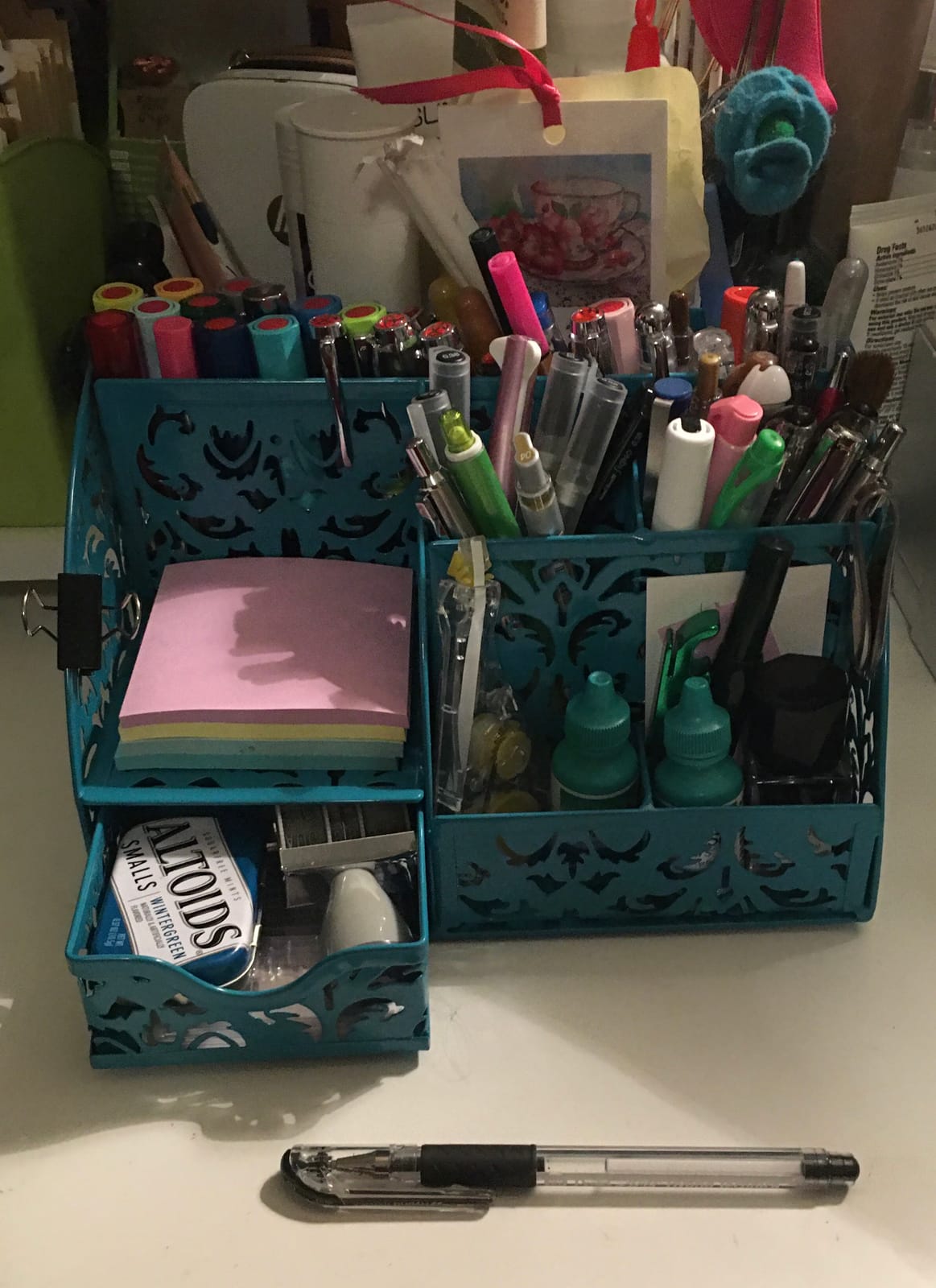 EasyPAG Desk Organizer and Pen Holder for Desk, Mesh Office Supplies Storage Caddy with Drawer for Small Space, Desktop Organizer for Home Office, White customer photo 2