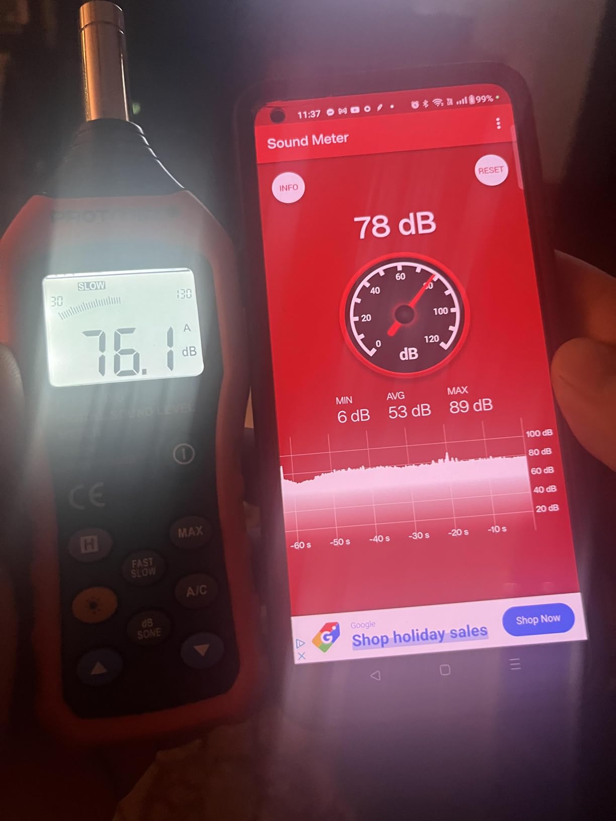Protmex PT6708 Sound Level Meter - Digital Decibel Reader Measurement | Range 30-130 dB, Accuracy 1.5dB Noise Meter with Large LCD Screen Display, Fast and Slow Selection customer photo 2