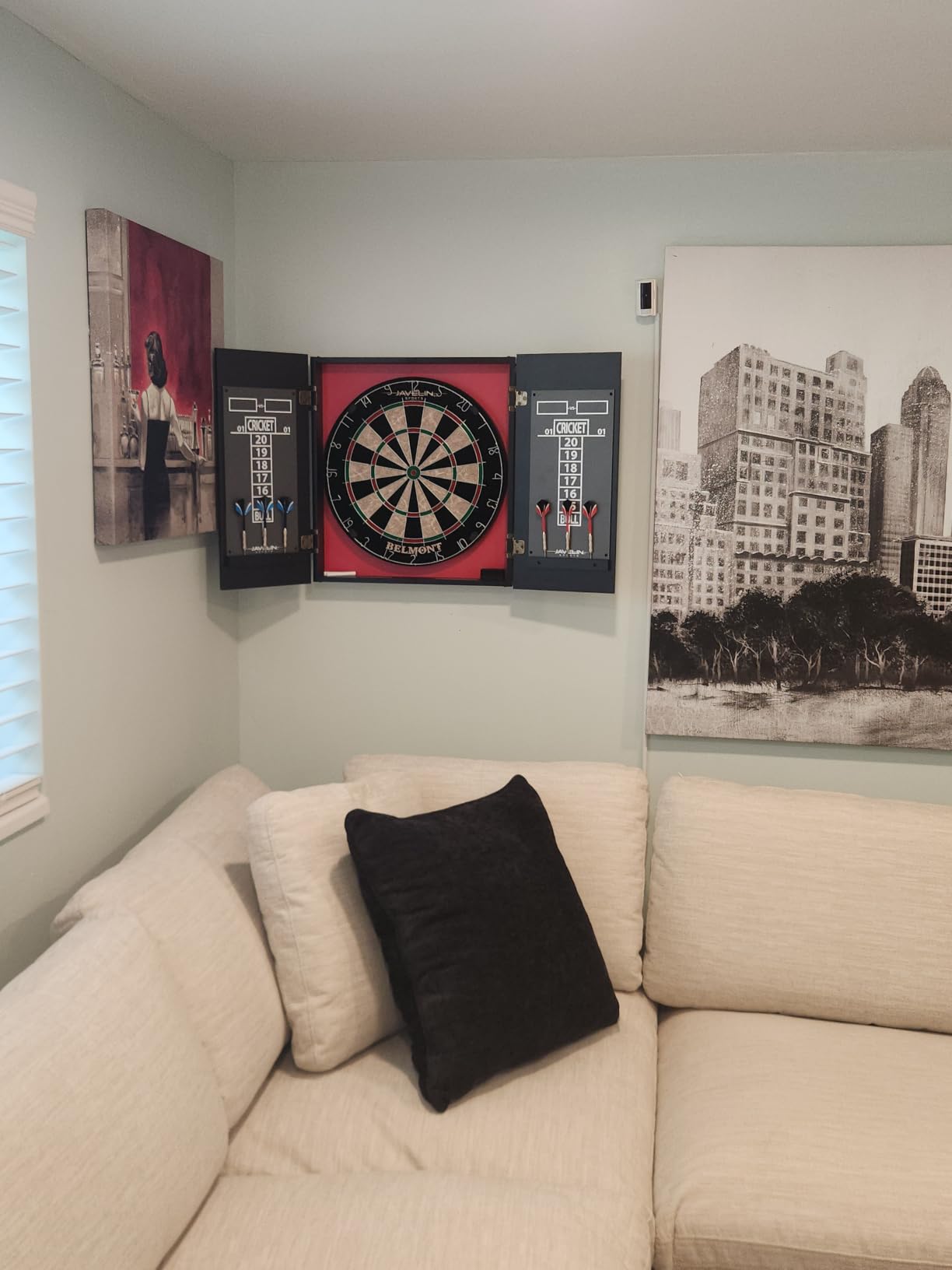 EastPoint Belmont Dart Board Cabinet, 6 Steel Tip Darts, Game Room Decor | Official Size, Self-Healing Sisal, Staple-Free Bullseye, Built-In Scoring & Storage, Man Cave Decor, For Family Game Nights customer photo 2