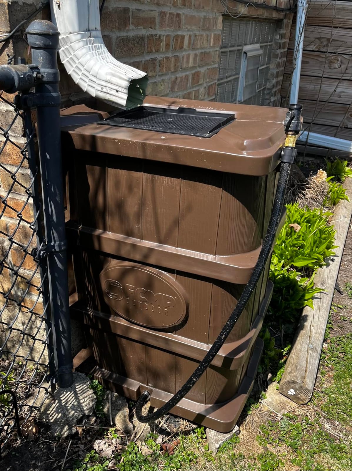 FCMP Outdoor Slim Line Design Rain Barrel, 45 Gallon, Brown | Wood Grain Design - Outdoor Home Rainwater Catcher Flat Back Container with Spigots and Mesh Screen customer photo 1