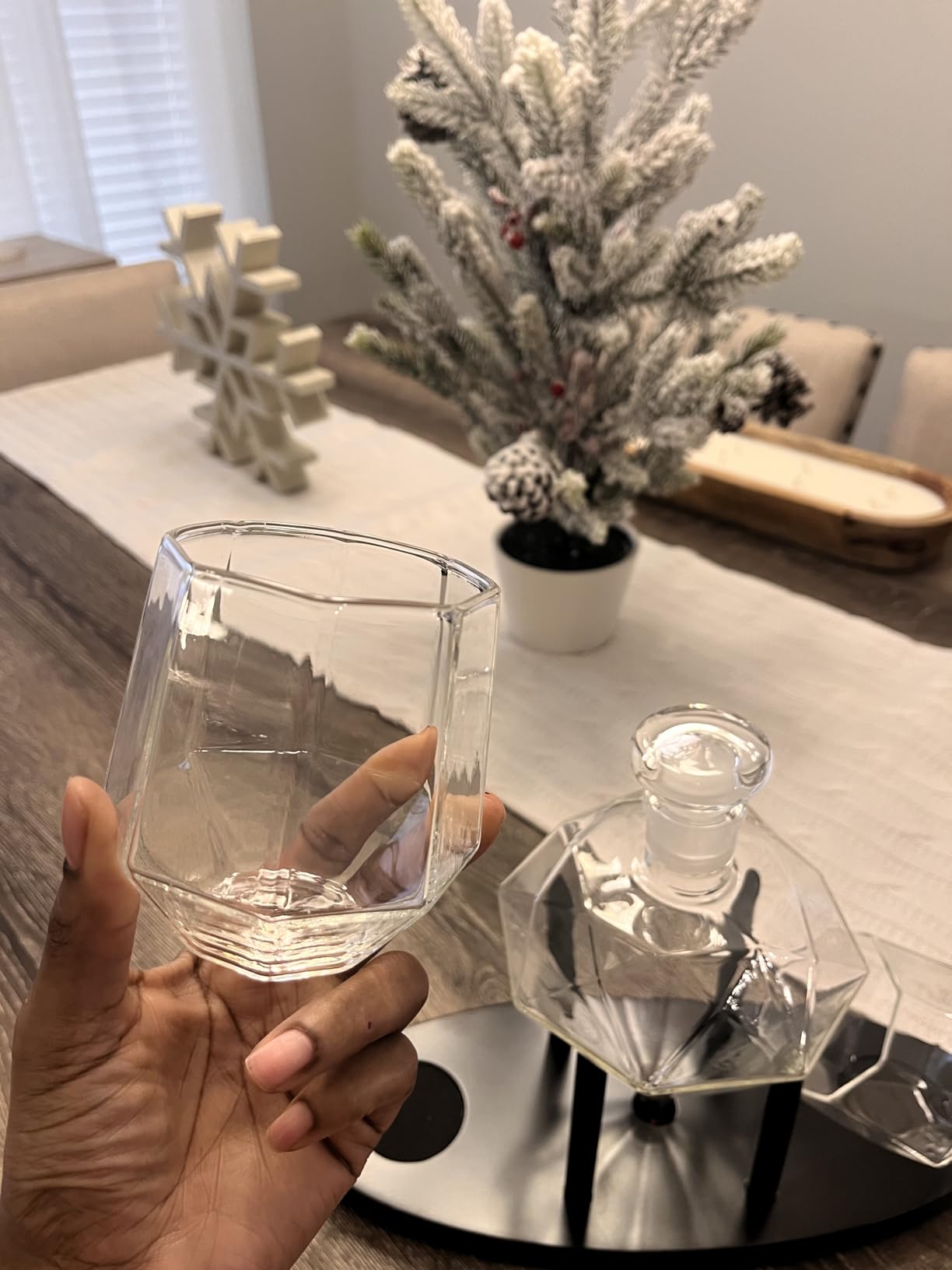 Whiskey Decanter Diamond shaped With 2 Diamond Glasses & Mahogany Wooden Holder – Elegant Handcrafted Crafted Glass Decanter For Liquor, Scotch, Rum, Bourbon, Vodka, Tequila – Great Gift Idea – 750ml customer photo 1