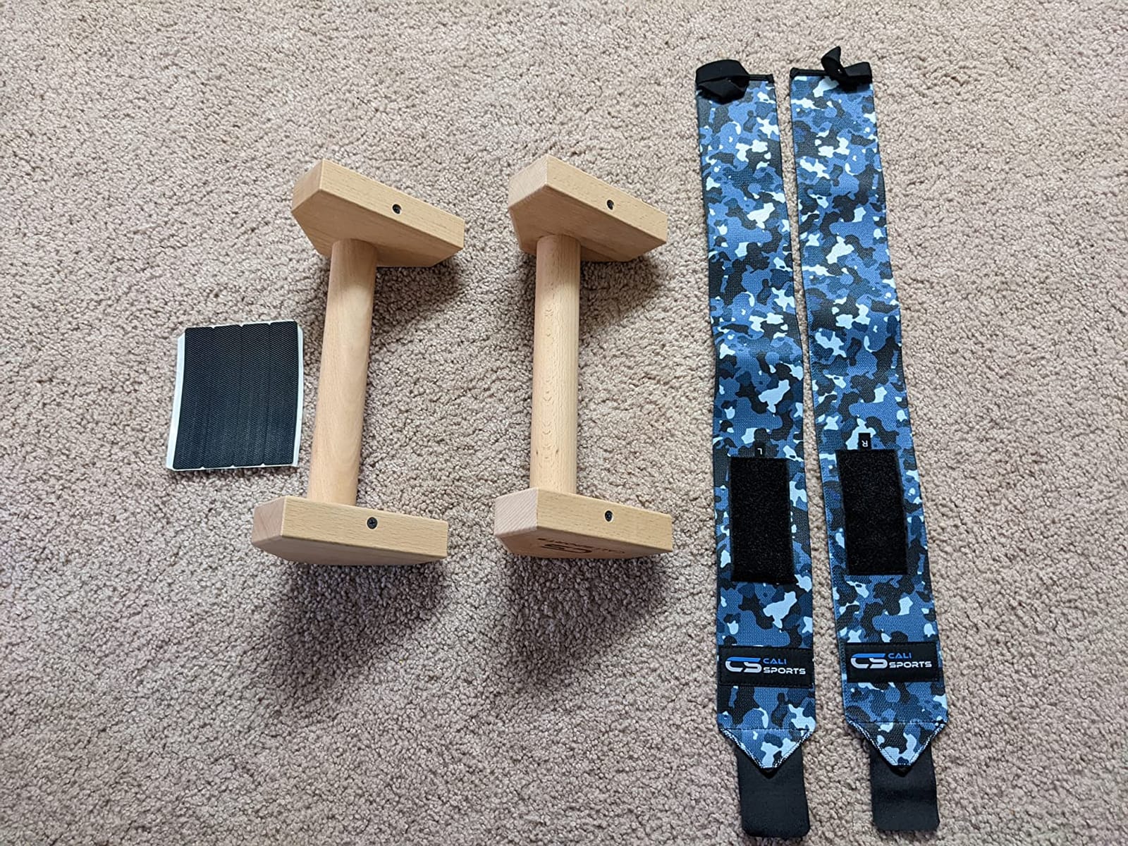 CALI SPORTS Calisthenics Wood Parallettes Bars | Push Up Bar That Will Not Slip or Wobble | Wrist Wraps Included customer photo 1