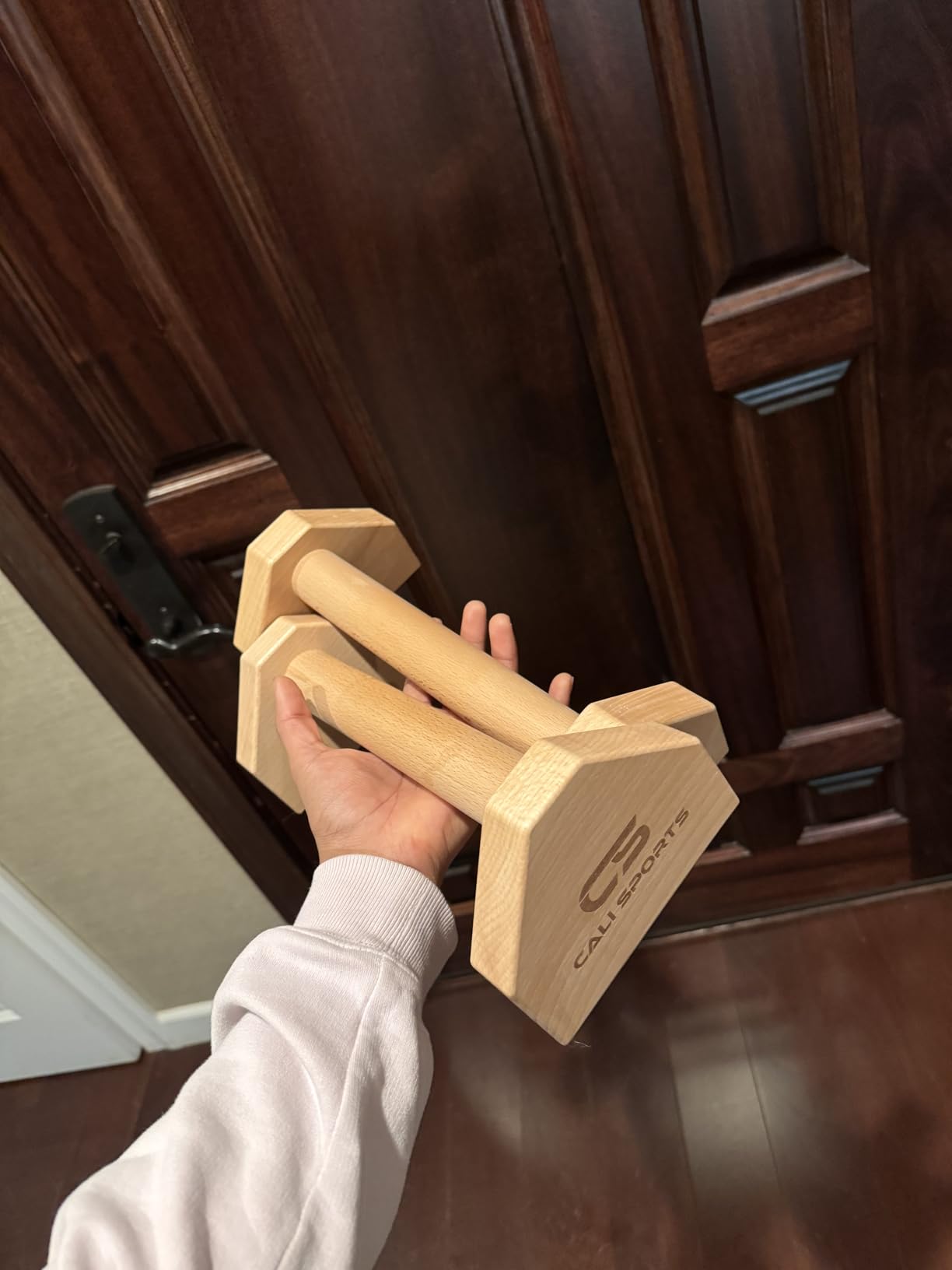CALI SPORTS Calisthenics Wood Parallettes Bars | Push Up Bar That Will Not Slip or Wobble | Wrist Wraps Included customer photo 2