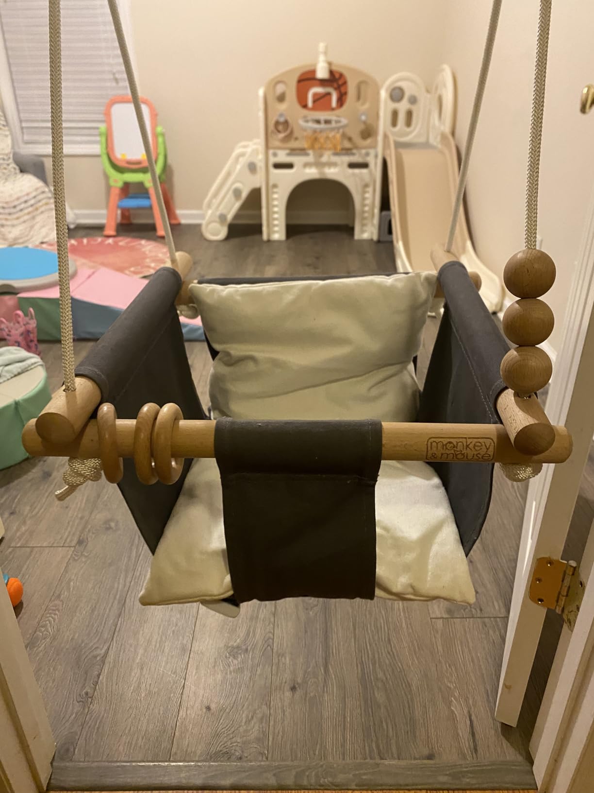 Monkey & Mouse Baby Swing, Grey White Indoor Outdoor Portable Hanging Chair, Infant & Toddler Kids 12 Months - 4 Years, Cotton Canvas & Beech Wood Frame, Sensory Hammock Boy & Girl Seat w/Wooden Toys customer photo 2