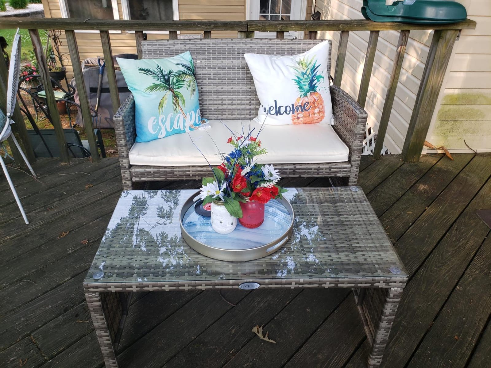 Goplus 4-Piece Rattan Patio Furniture Set, Outdoor Wicker Conversation Sofa with Weather Resistant Cushions and Tempered Glass Tabletop for Lawn Backyard Pool Garden (White(Black Wicker)) customer photo 1