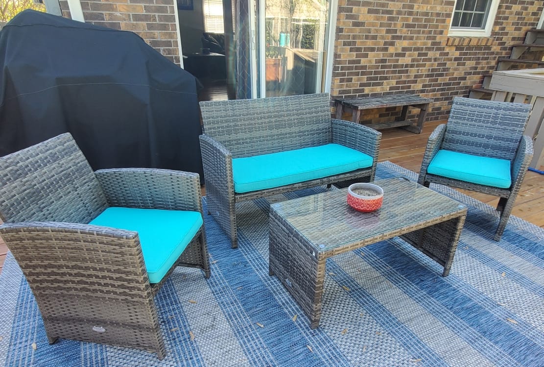 Goplus 4-Piece Rattan Patio Furniture Set, Outdoor Wicker Conversation Sofa with Weather Resistant Cushions and Tempered Glass Tabletop for Lawn Backyard Pool Garden (White(Black Wicker)) customer photo 2