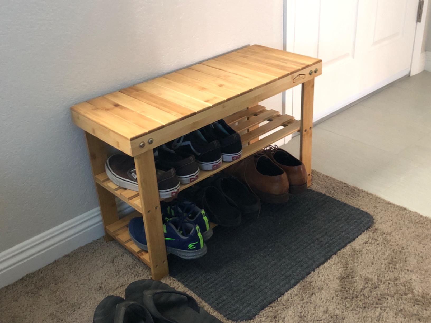Purawood Bamboo 3 Tier Shoe Rack Bench, Premium Shoe Organizer or Entryway Bench, Perfect for Shoe Cubby, Entry Bench, Bathroom Bench, Entryway Organizer, Hallway or Living Room customer photo 2