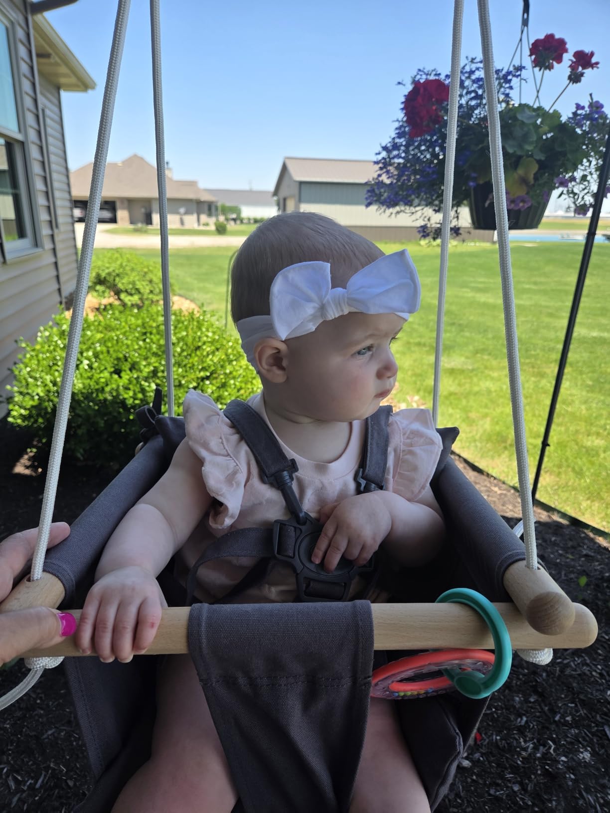 CaTeam Canvas Baby Swing Seat with 5-Point Safety Belt — Wooden Hanging Toddler Swing, Indoor & Outdoor, Ages 1-4, Ceiling Mount Hardware Included, Taupe Gray customer photo 2