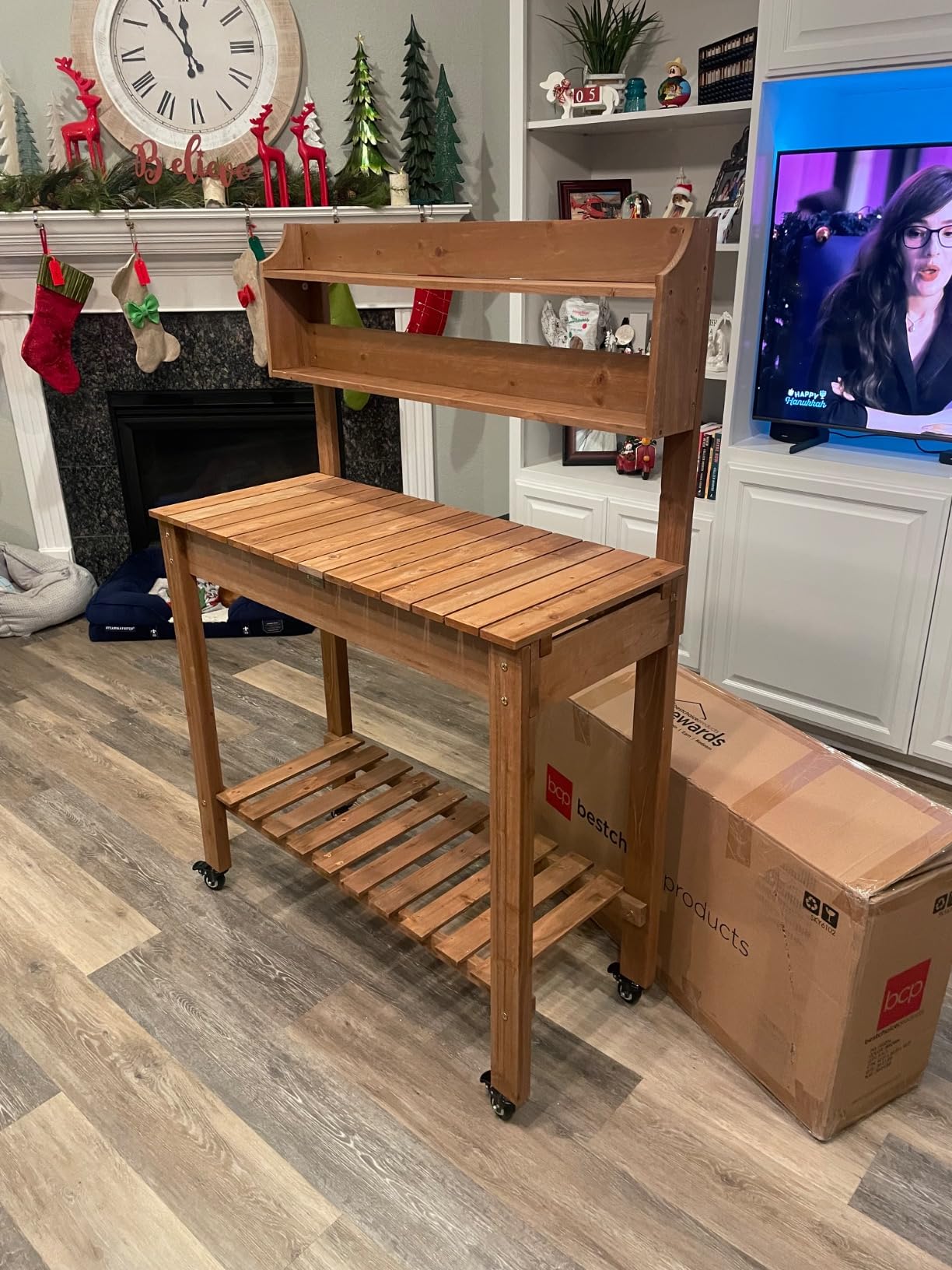 Best Choice Products Mobile Garden Potting Bench, Outdoor Wood Workstation Table w/Sliding Tabletop, 4 Locking Wheels, Food Grade Dry Sink, Storage Shelves - Brown customer photo 1