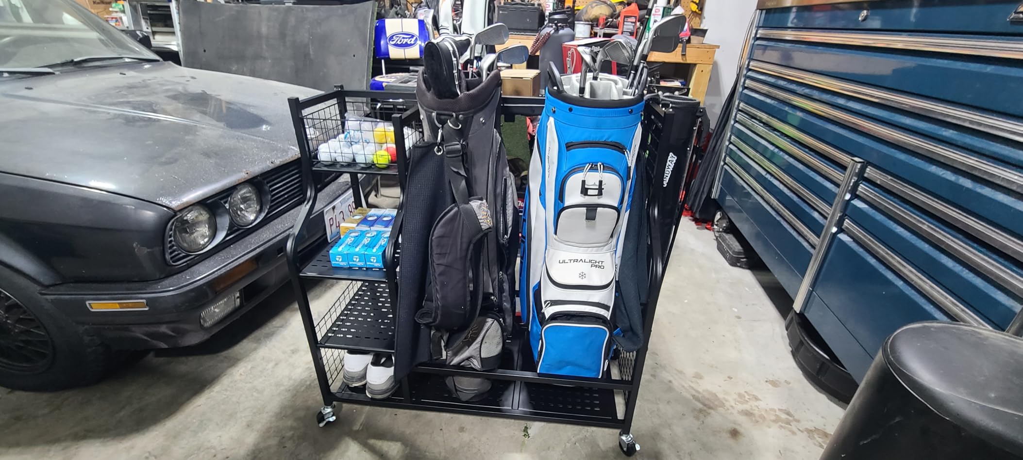 SNAIL Golf Bag Garage Storage Organizer Extra Large Size Golf Bag Rack Stand Holder Fits 2 Golf Bags and Other Golfing Equipment Accessories, Metal Black Golf Club Storage for Garage Shed and Basement customer photo 2