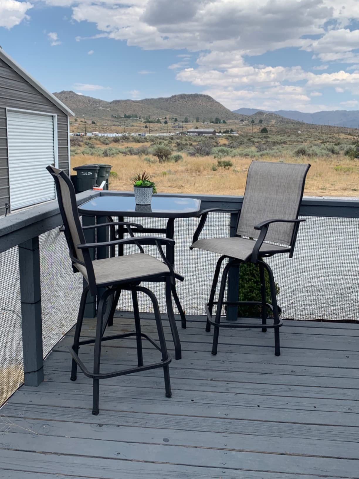 Vongrasig 3 Piece Patio Swivel Bar Set, All Weather Mental Textilene High Swivel Stools Chair Set of 2 and Glass Bar Table, Outdoor High Top Bistro Set for Lawn Garden, Balcony, Taupe customer photo 2