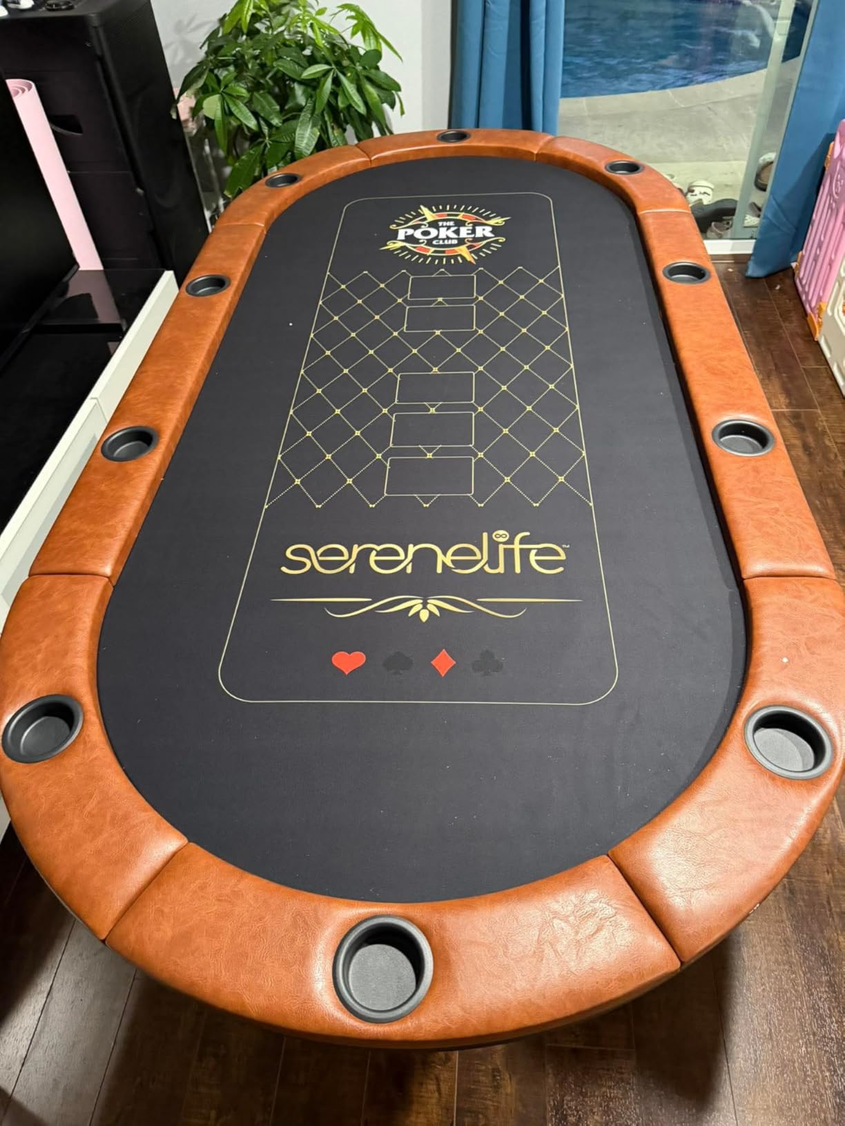 SereneLife 7ft Poker Table for 10 Players - Heavy Duty Oval Texas Hold'em Casino Table for Game Room, 25mm Reinforced Metal Legs, Durable Black PVC Rail, 10 Deep Cup Holders & Professional Layout customer photo 2