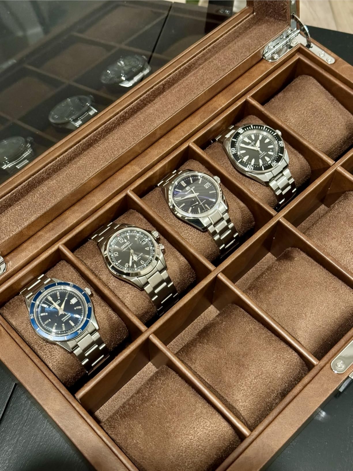 ROTHWELL 10 Slot Leather Watch Box - Luxury Case Display Jewelry Organizer - Locking Watch Display Case Holder with Large Glass Top - Box Organizer for Men and Women (Blue/Tan) customer photo 1