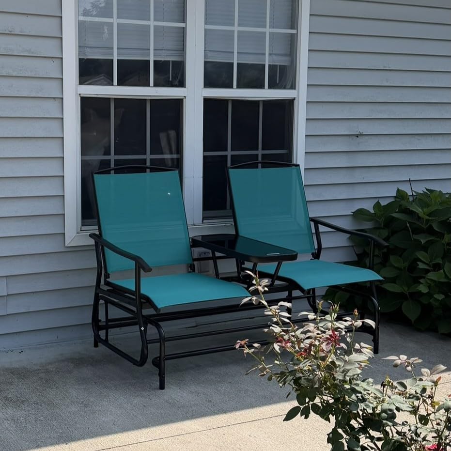 Tangkula 2 Person Swing Glider Chair, Patio Rocking Loveseat w/Center Tempered Glass Table, Outdoor Swing Bench w/Steel Frame & Breathable Mesh Fabric for Porch, Balcony, Poolside (Turquoise) customer photo 1
