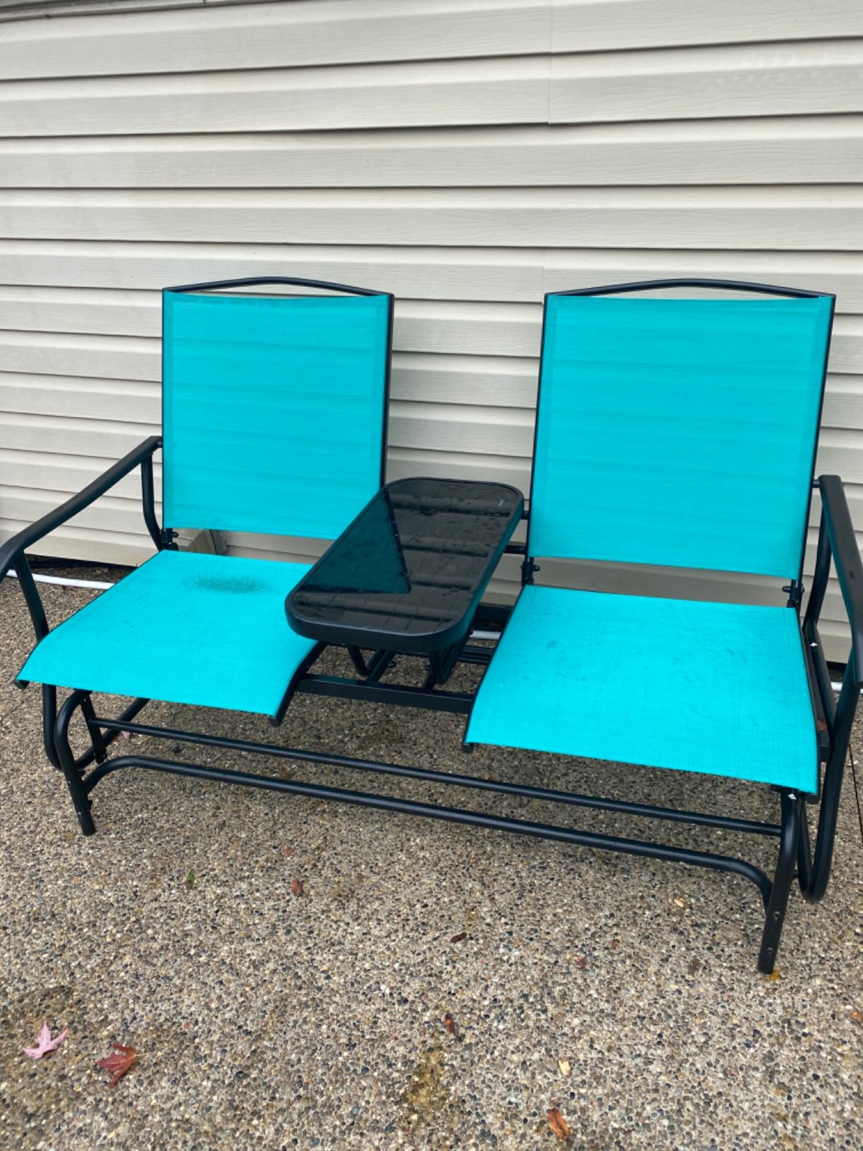 Tangkula 2 Person Swing Glider Chair, Patio Rocking Loveseat w/Center Tempered Glass Table, Outdoor Swing Bench w/Steel Frame & Breathable Mesh Fabric for Porch, Balcony, Poolside (Turquoise) customer photo 2