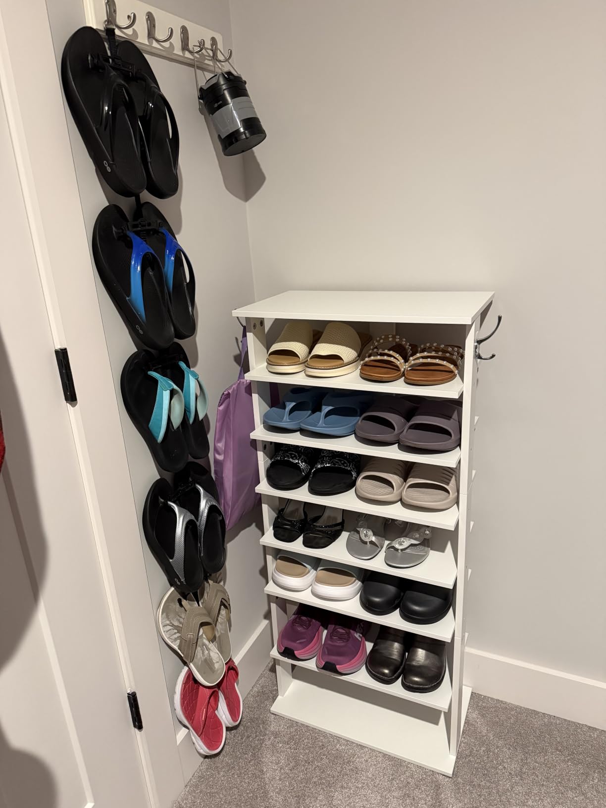 HOOBRO 8 Tiers Vertical Shoe Rack, Wooden Shoe Storage Organizer with Hooks, Narrow Shoe Tower for 8 Pairs, Space Saving, for Entryway, Living Room, Bedroom, Rustic Brown BF07XJ01G1 customer photo 2