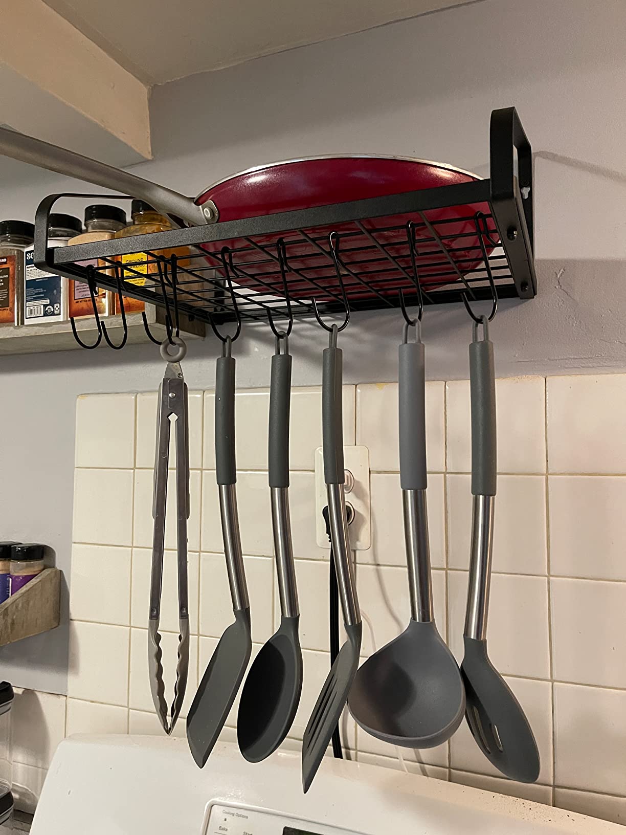 Felibeaco Hanging Pots & Pans Rack,Wall Mounted Pots Pans Organizer Holder Rack with 8 Hooks, Kitchen Wall Storage Organizer Hanger Shelves for Pans Set, Utensils, Cookware, Books, Household,Black customer photo 2