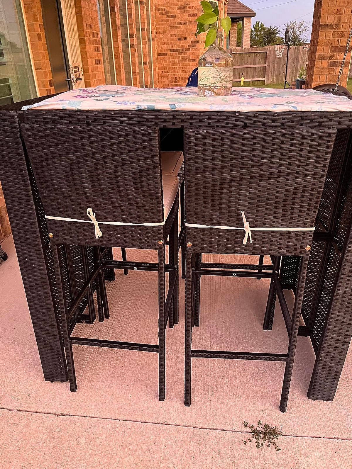 Tangkula 5 Piece Patio Wicker Bar Set, Patiojoy Outdoor Acacia Wood Bar Height Table & 4 Rattan Bar Stool Chairs with Backrest and Footrest, Outdoor Dining Bistro Set customer photo 2