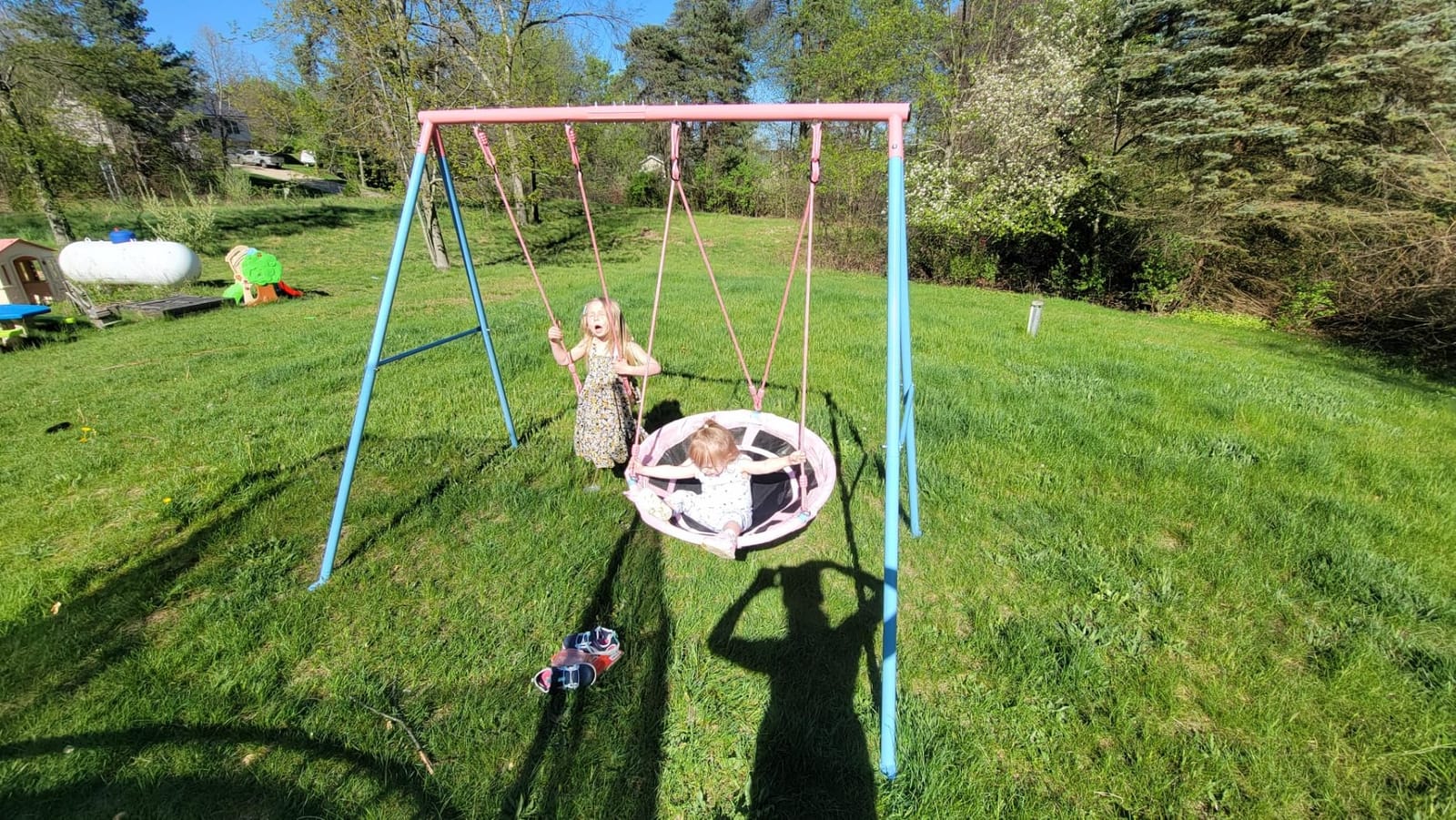 Lunafun Swing Set, 440lbs, Heavy-Duty A-Frame Metal Outdoor SwingStand, 1 Saucer & 1 Belt Swing seat for Playground, Backyard Pink customer photo 1