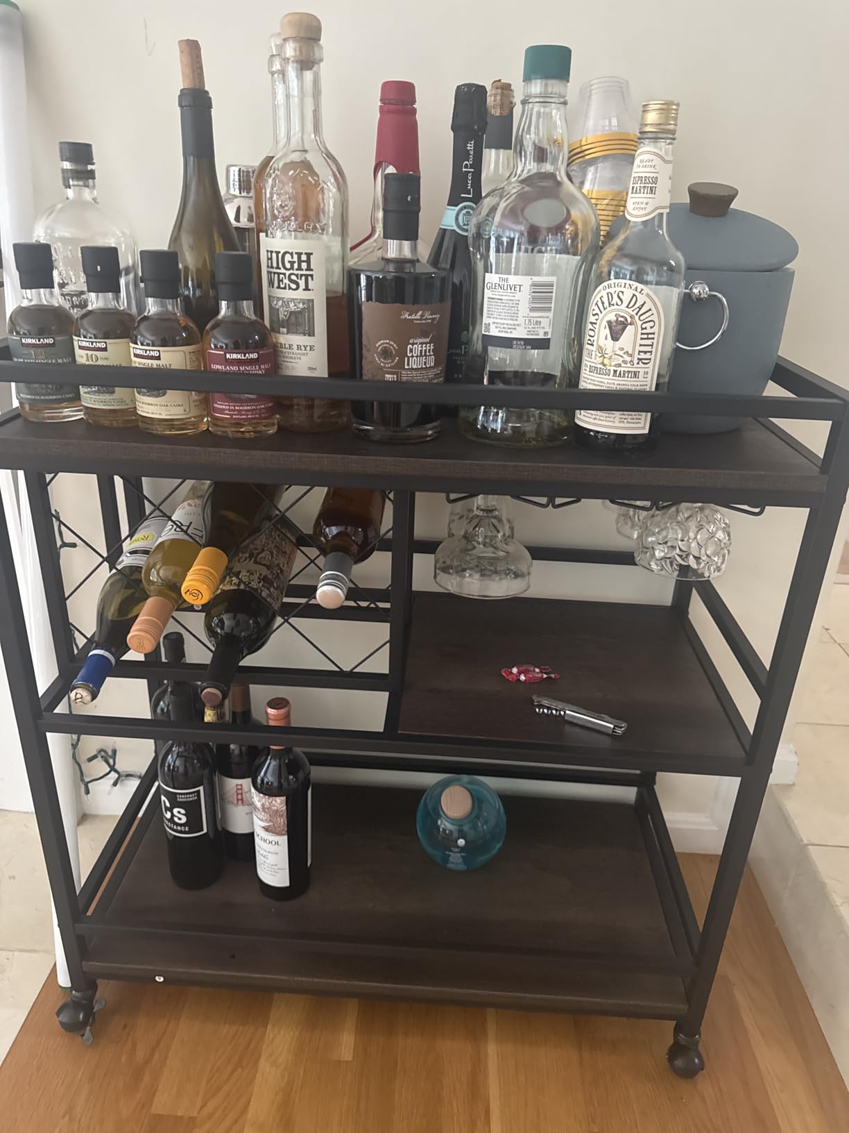 FATORRI Bar Cart for The Home with Wine Rack and Glasses Holder, Small Home Bar Serving Cart on Wheels for Liquor and Alcohol (Walnut Brown) customer photo 1