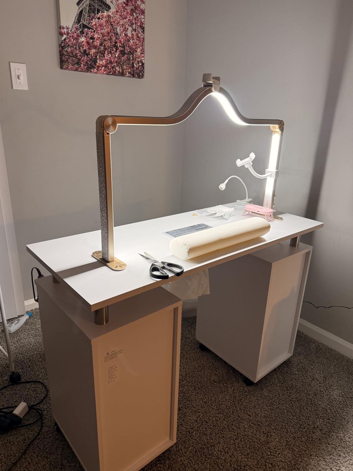 OmySalon Manicure Table Nail Desk for Nail Tech, Nail Table Station w/Electric Dust Collector, Nail Makeup Beauty Salon Storage Acetone Resistant w/Lockable Wheels,Wrist Cushion,4 Drawers&Cabinet customer photo 1