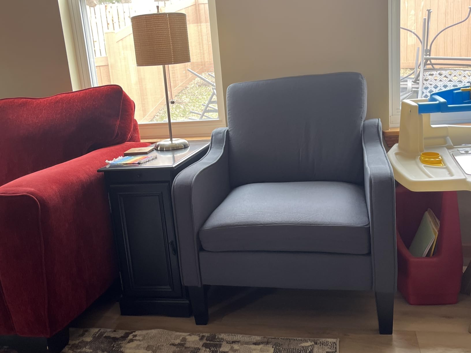 VINGLI Mid century Modern Accent Chair,Navy Blue Fabric Accent Chairs for Living Room Upholstered Armchair with Scooped Arms for Bedroom,Apartment,Studio,Office,Waiting Room customer photo 2