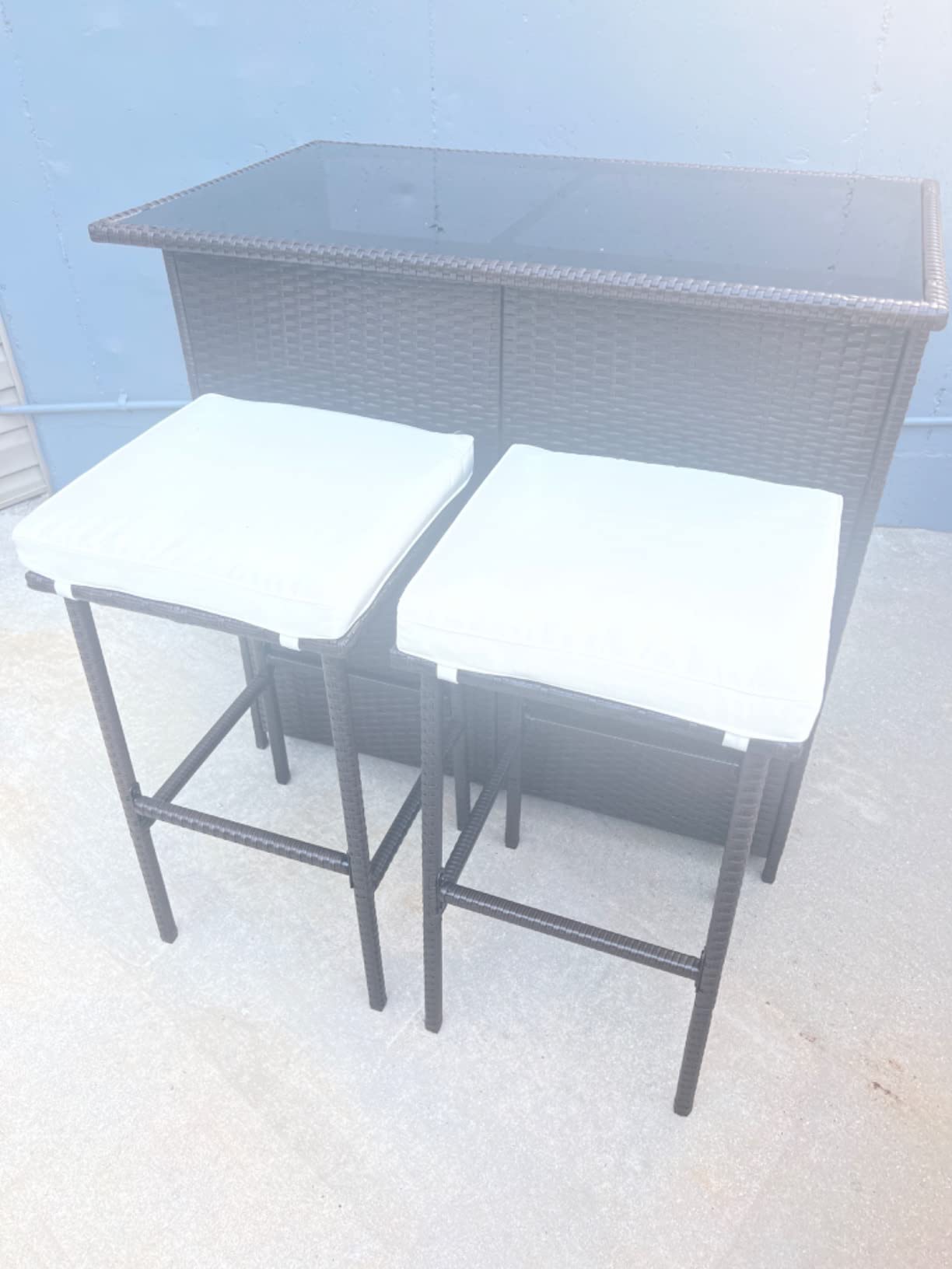 3PCS Patio Bar Set Outdoor Furniture Set Wicker Bistro Set with Two Stools for Patio Backyard Balcony,Blue Cushion customer photo 2