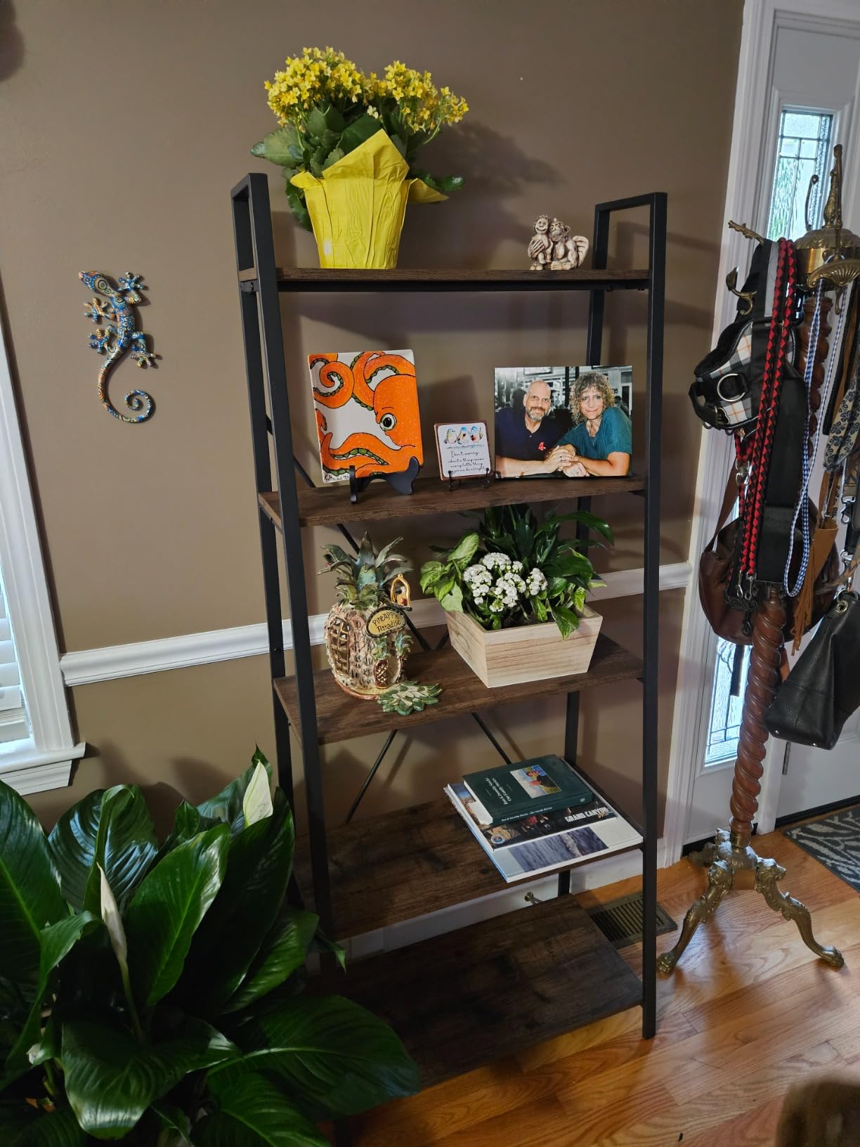 BON AUGURE Farmhouse Ladder Shelf Bookcase, 4 Tier Rustic Ladder Bookshelf, Standing Leaning Book Shelves for Living Room (Vintage Oak) customer photo 2